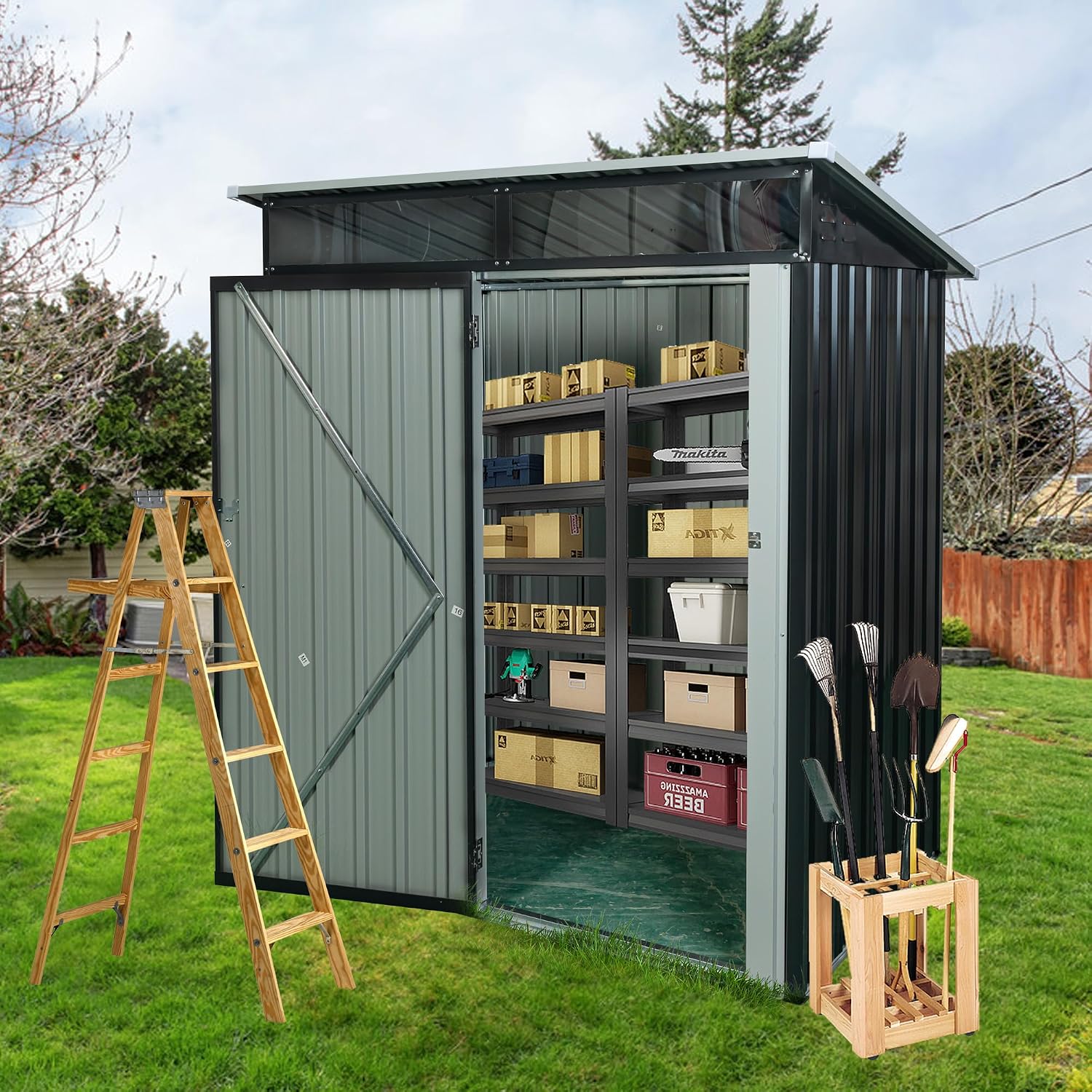 KEIKI 5x3 FT Outdoor Metal Storage Shed with Transparent Plate and Lockable Door for Garden Yard Lawn