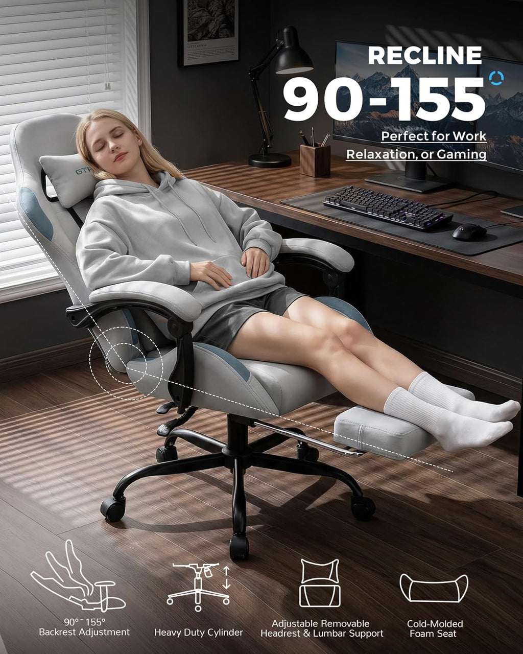 GTPLAYER Gaming Chair Fabric with Pocket Spring Cushion,Computer Office Chair with Lumbar Support for Adults Linkage Armrests and Footrest Ergonomic Gamings Chairs Height Adjustable LightGray