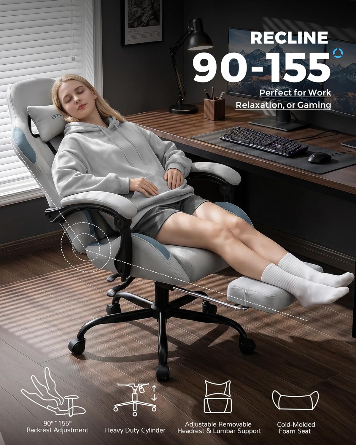 GTPLAYER Gaming Chair Fabric with Pocket Spring Cushion,Computer Office Chair with Lumbar Support for Adults Linkage Armrests and Footrest Ergonomic Gamings Chairs Height Adjustable LightGray