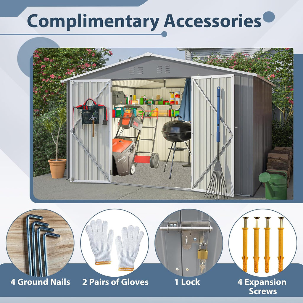10x8 ft Outdoor Storage shed All Weather Metal Garden shed with Lockable Double Doors Tool Storage for Backyard Patio Lawn and Garden Organization Large Capacity (10x8 ft Grey)