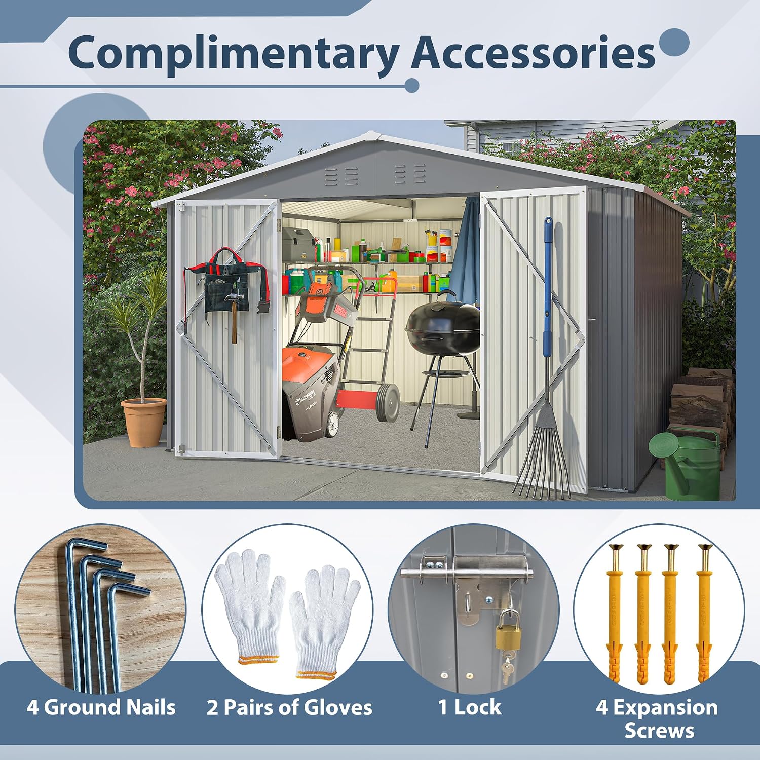 10x8 ft Outdoor Storage shed All Weather Metal Garden shed with Lockable Double Doors Tool Storage for Backyard Patio Lawn and Garden Organization Large Capacity (10x8 ft Grey)