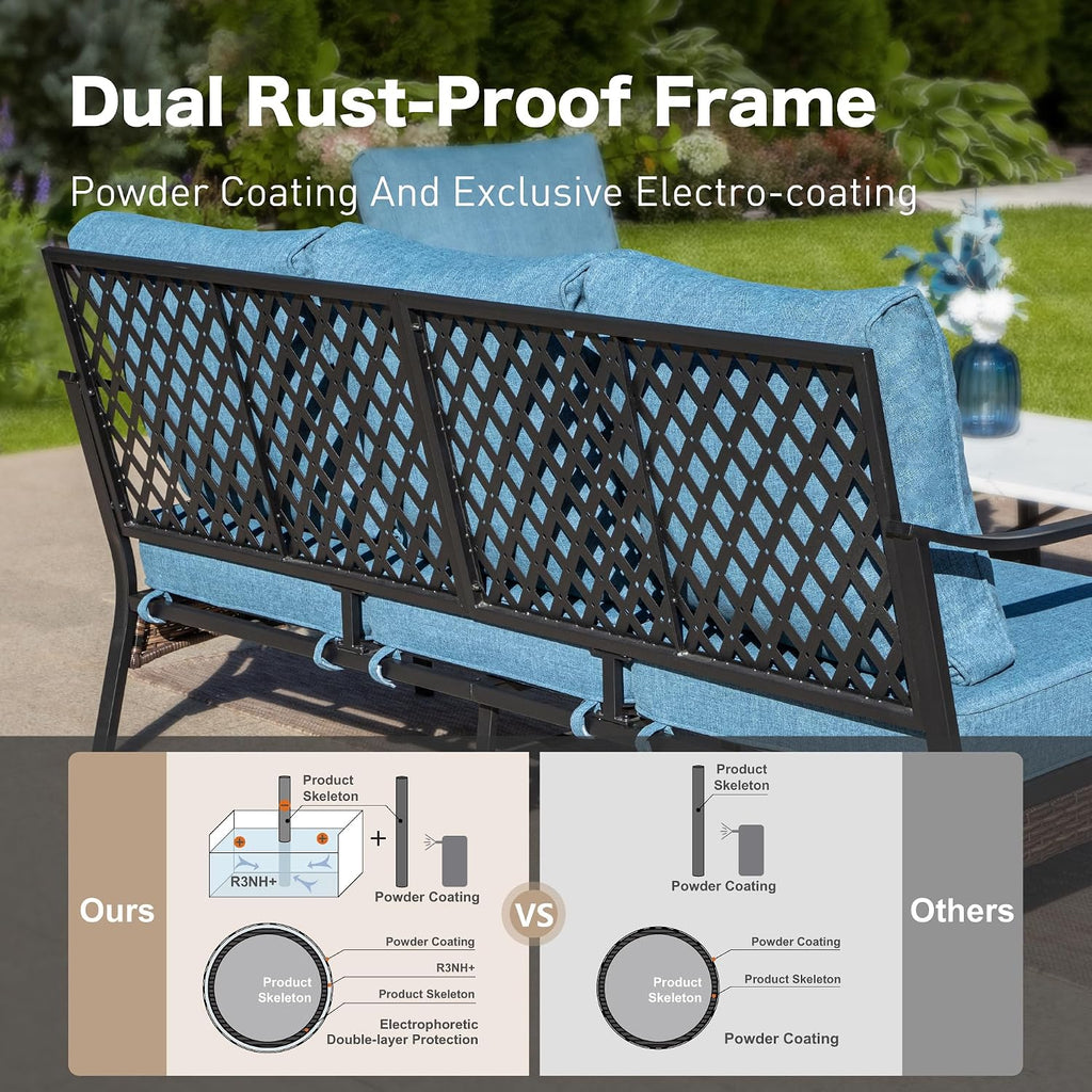 SUNSHINE VALLEY 4 Piece Metal Outdoor Patio Furniture Set, Patio Conversation Sets 1 3-Seater Sofa, 2 Chairs with 5.75' Extra Thick Cushion and Coffee Table, Black Frame Backyard Furniture, Denim Blue