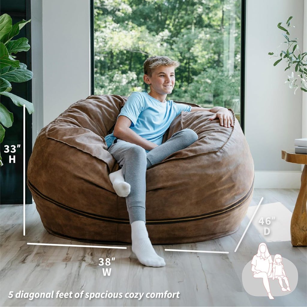 Big Joe Fuf 5Ft Oversized Foam Bean Bag Chair with Removable Cover for Kids, Teens, Adults, Coffee Soft Vegan Leather, 5 Foot Large Reading and Gaming Seat