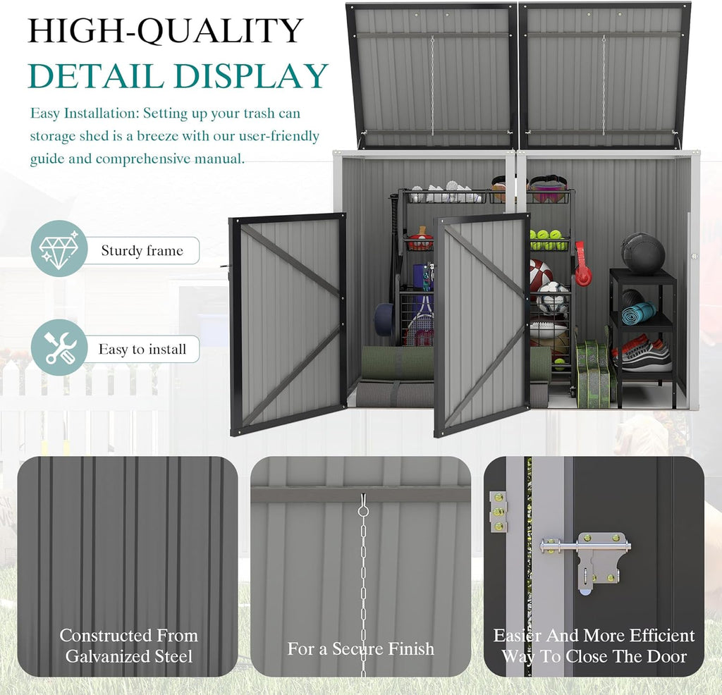 Outdoor Metal Trash Can Storage Shed for 2 Garbage Bins, Galvanized Steel Double Bin Enclosure with Lockable Doors & Hydraulic Lid, Garden Yard Storage Cabinet for Recycling, Dark Gray