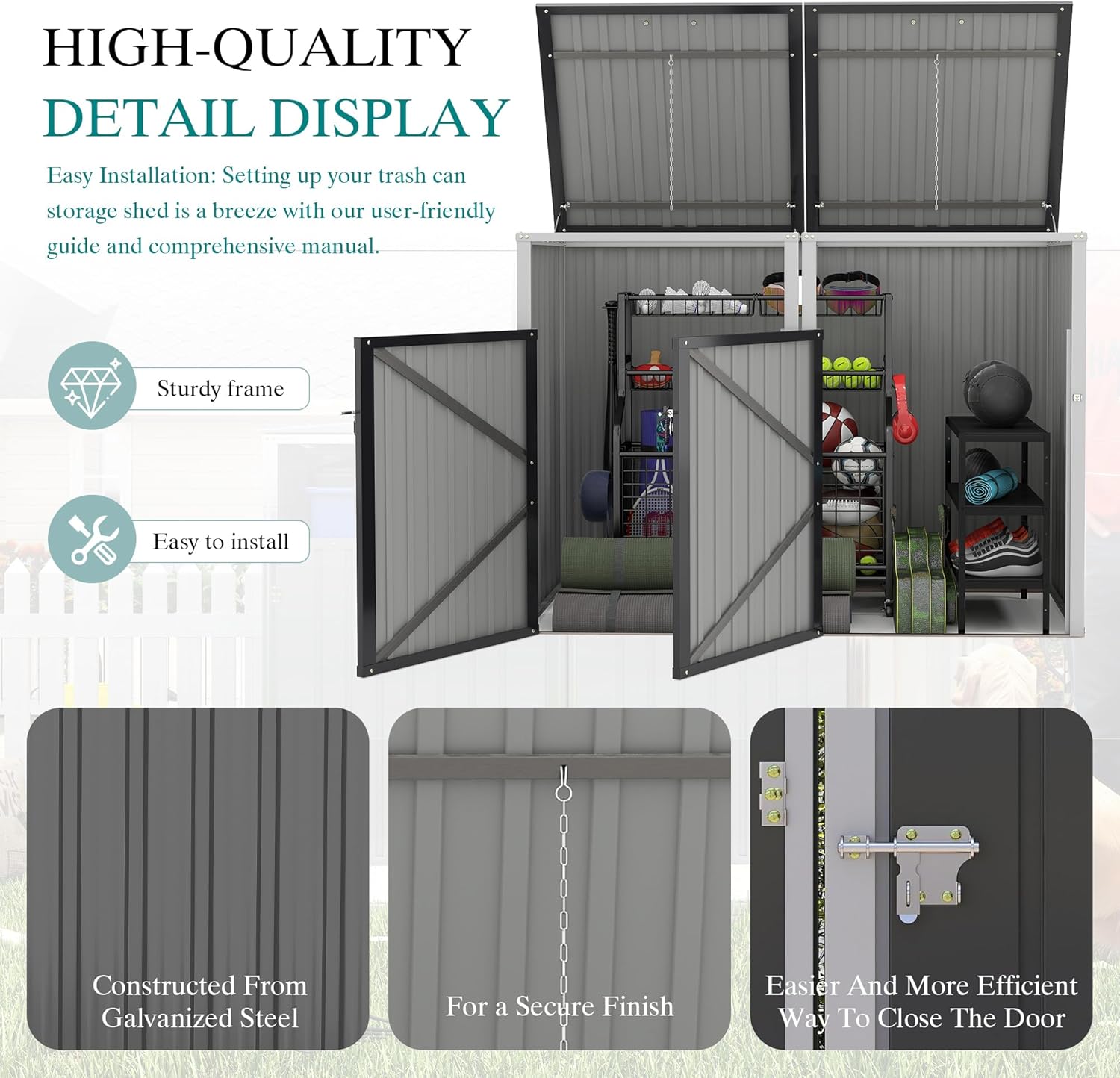 Outdoor Metal Trash Can Storage Shed for 2 Garbage Bins, Galvanized Steel Double Bin Enclosure with Lockable Doors & Hydraulic Lid, Garden Yard Storage Cabinet for Recycling, Dark Gray