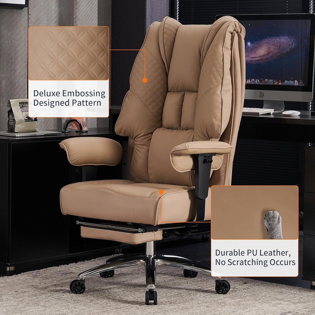 EXCEBET Big and Tall Office Chair 400lbs Wide Seat, Leather High Back Executive Office Chair with Foot Rest, Ergonomic Chairs Lumbar Support for Lower Back Pain Relief (Brown)
