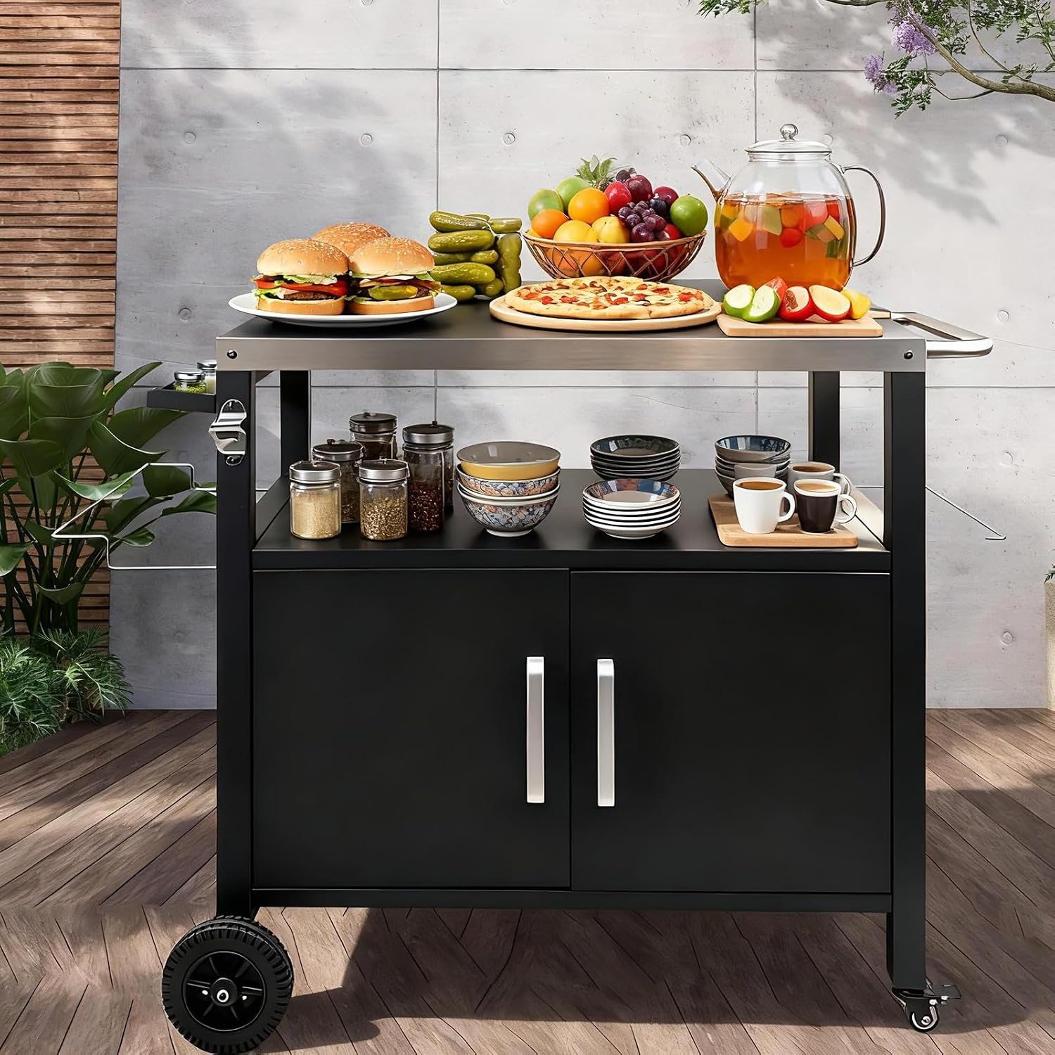Heavy-Duty Outdoor Kitchen Island with Storage Cabinet - Movable BBQ Grill Table & Pizza Oven Stand, Portable Food Prep Station, Rolling Dining Cart for Patio, Backyard & Indoor Griddle Table