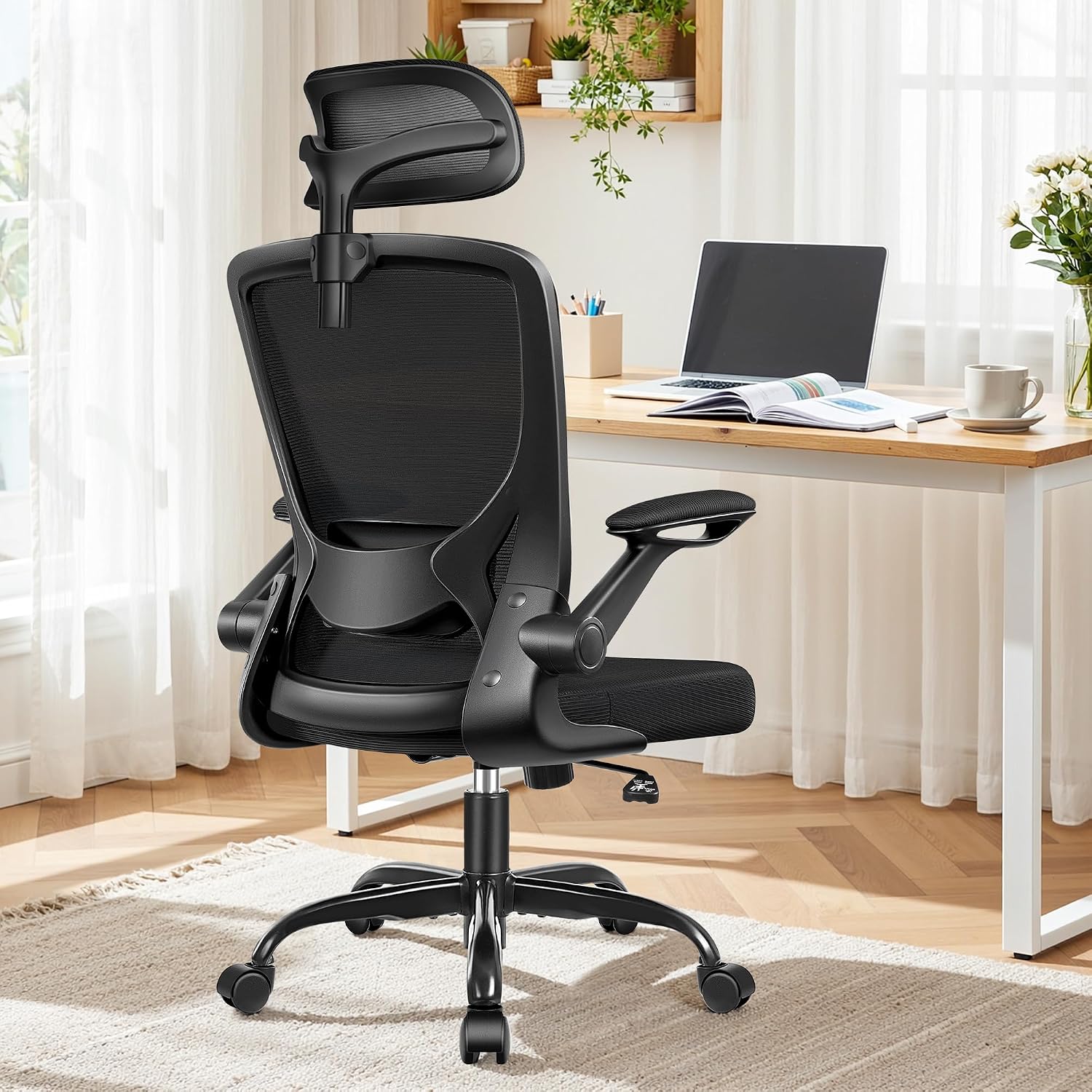 BESTFAIR Office Chair Ergonomic Desk Chair, Breathable Mesh Office Chairs with Adjustable Lumbar Support, Flip-Up Arms, Computer Desk Chair Comfy for Home Office, 2 Pack