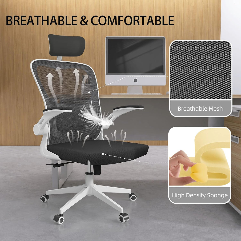 Monhey Ergonomic Office Chair, 90°-125° Tilt Back Home Desk Chair with 360° Swivel & Mute Wheels, High Back Mesh Computer Chair for Adults with Lumbar Support, 330 LBS Capacity (03White+Black)