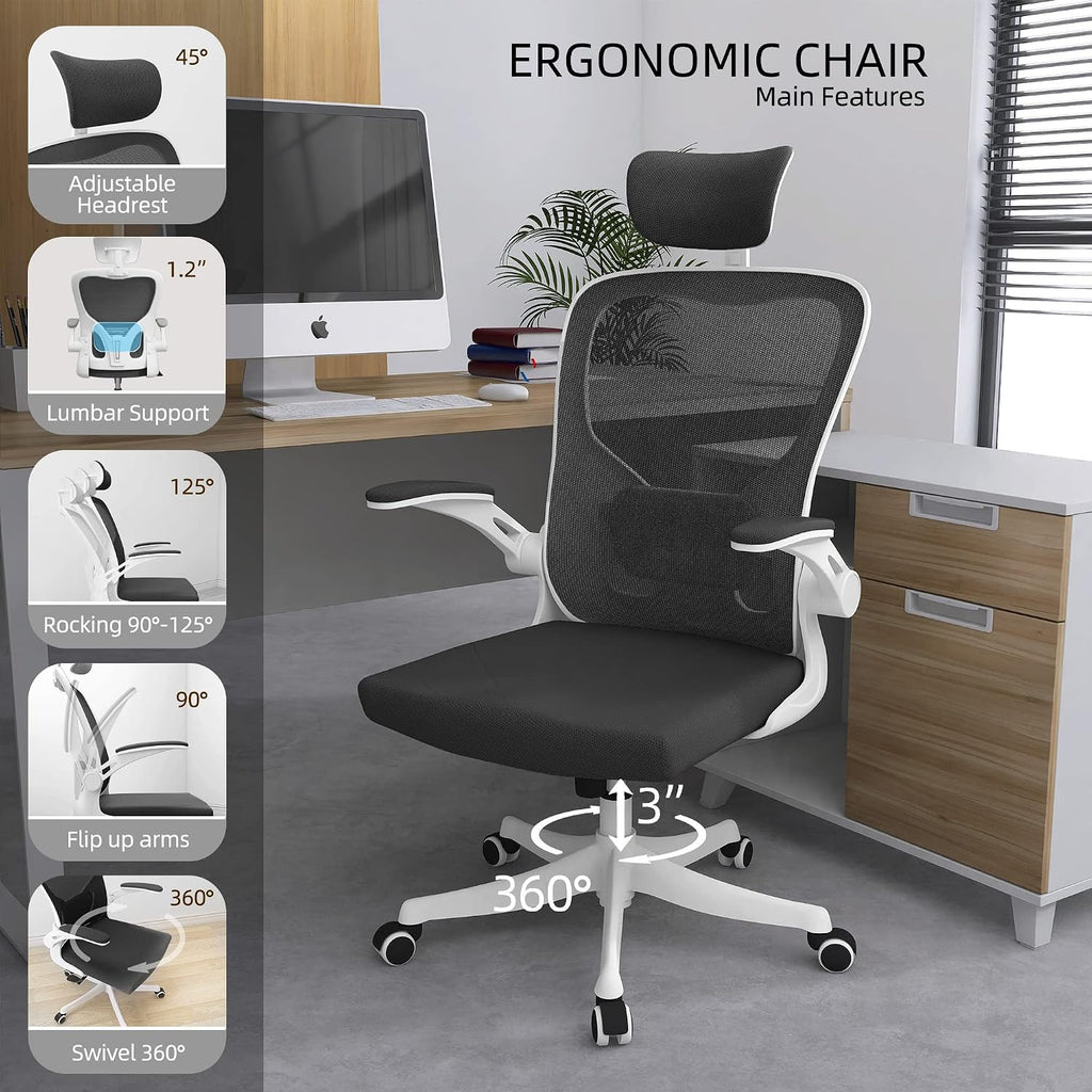 Monhey Office Chair, Ergonomic Office Chair with Lumbar Support & 3D Headrest & Flip Up Arms Home Office Desk Chairs Rockable Computer Chair Multi-Angle from 90° to 130° with 350LBS CapacityChair