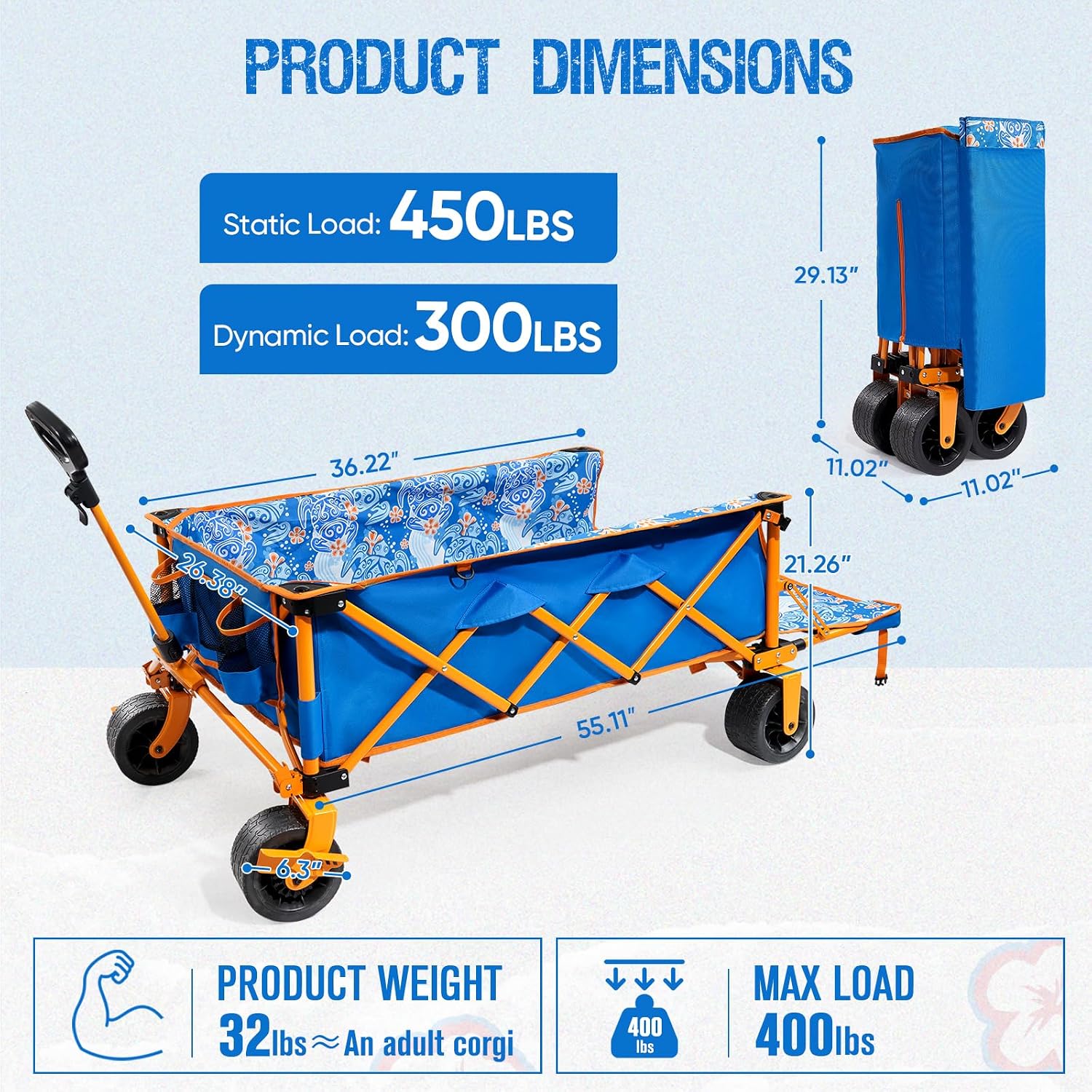 Old Bahama Bay Heavy-Duty Beach Wagon Cart – 400 lbs Capacity, Extra Large Foldable (55' x 26'), All-Terrain Wheels – for Beach, Camping, Groceries, Outdoors