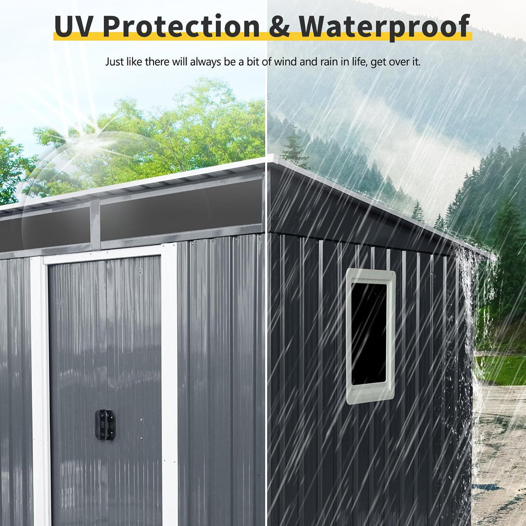 JT 6X4.5FT Outdoor Storage Shed, Galvanized Metal Garden Shed with Window and Metal Foundation, Tool Storage Shed for Patio Lawn Backyard (Black-with The window-6ftx4.5ft)