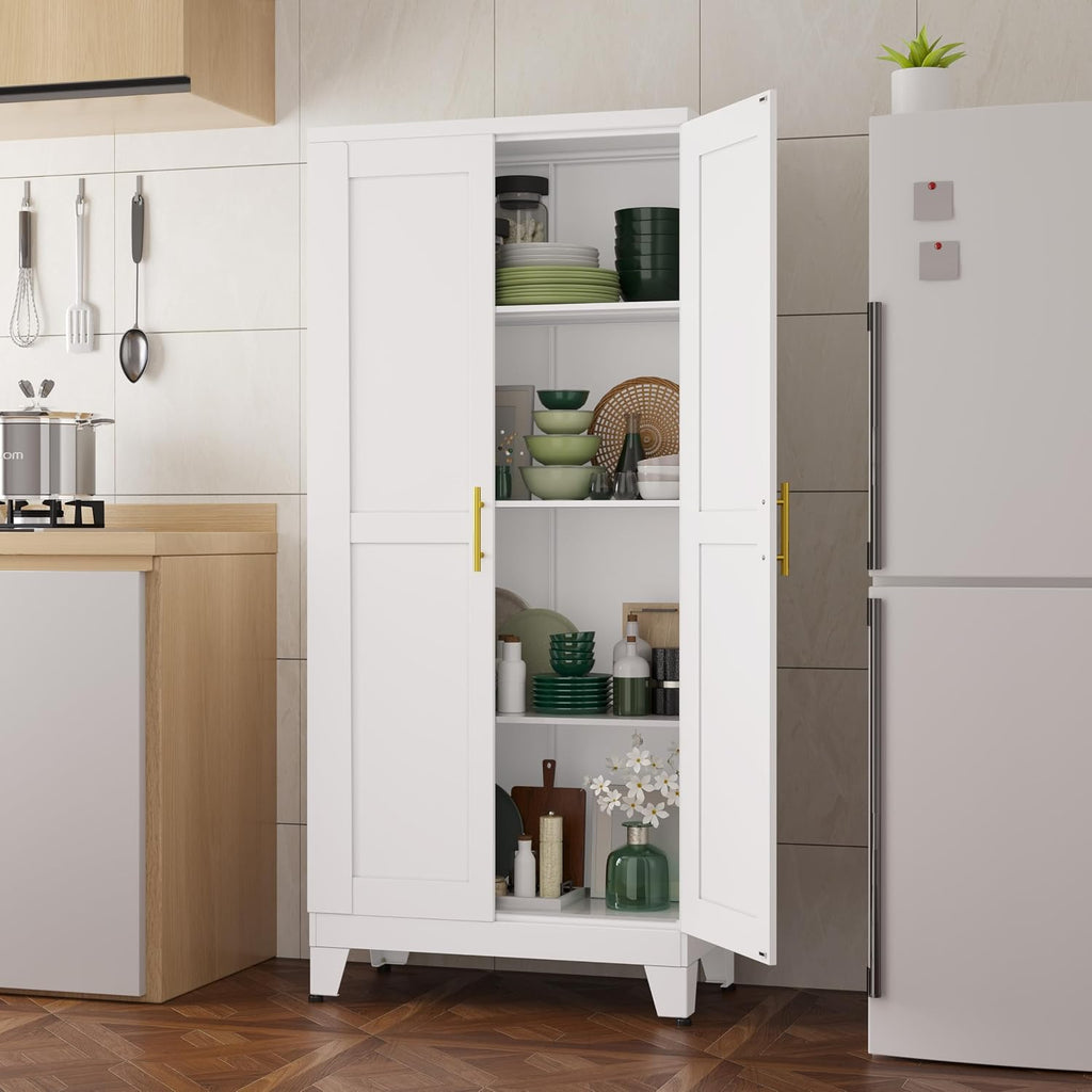 pozdeg Metal Storage Cabinet - 61' Tall Steel File Cabinets with 2 Doors and 3 Adjustable Shelves Versatile Storage Pantry Cabinet for Home Office Warehouse Garage or Outdoor (White)