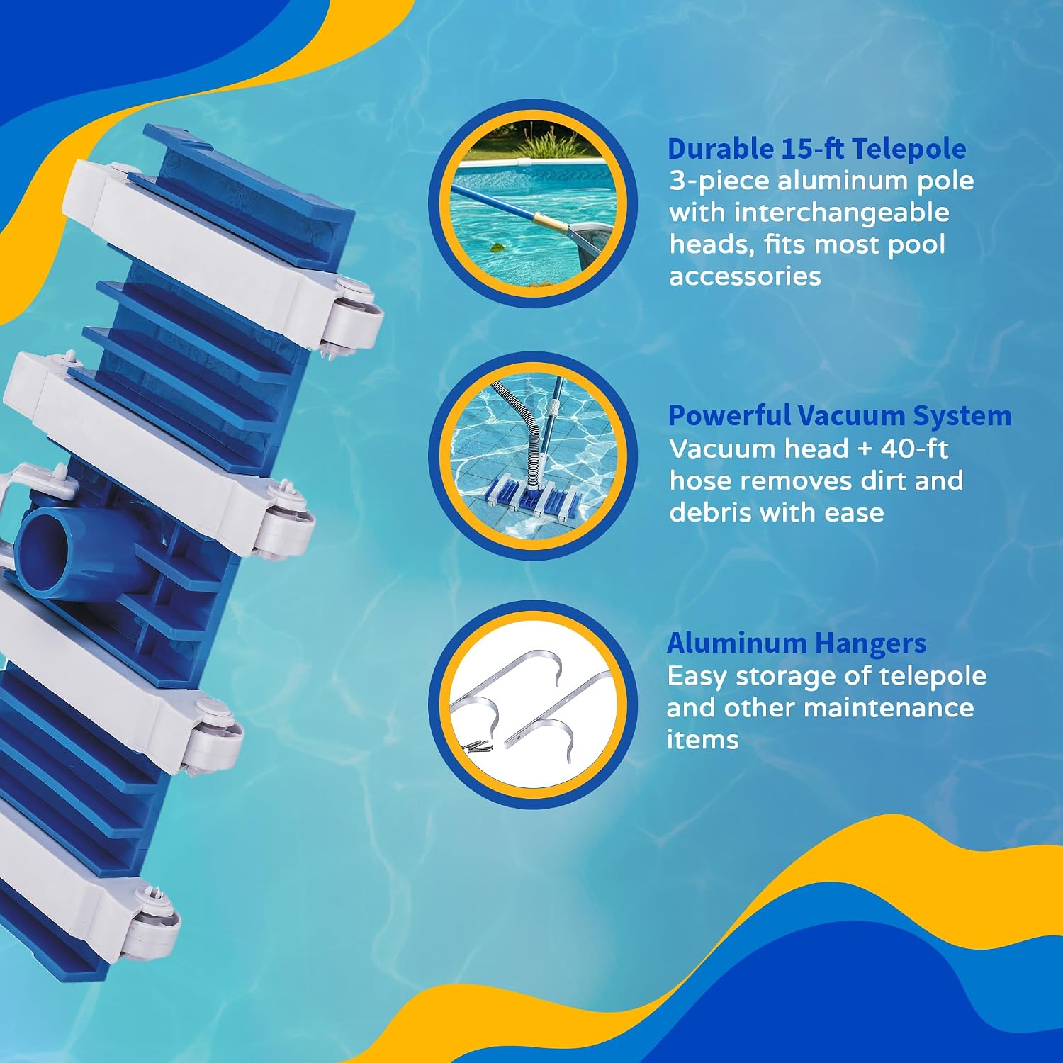 Blue Wave Deluxe Pool Maintenance Kit for In Ground Pool – Includes 15-ft Telepole, 40-ft Vacuum Hose, Leaf Skimmer, Wall Brush, Vacuum Head, Aluminum Hangers and 50 Test Strips