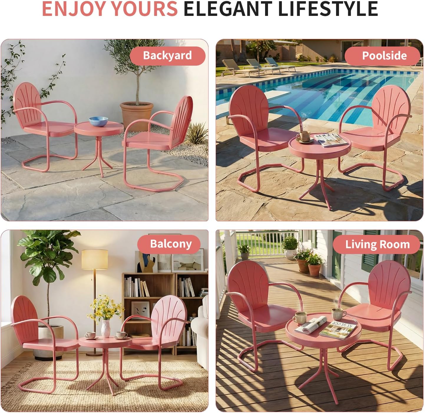 Patio Bistro Set Retro Metal Outdoor Seating Conversation 3 Pieces, 2 C-Spring Motion Armchairs and Round Side Table, for Porch, Lawn, Garden (Pink)