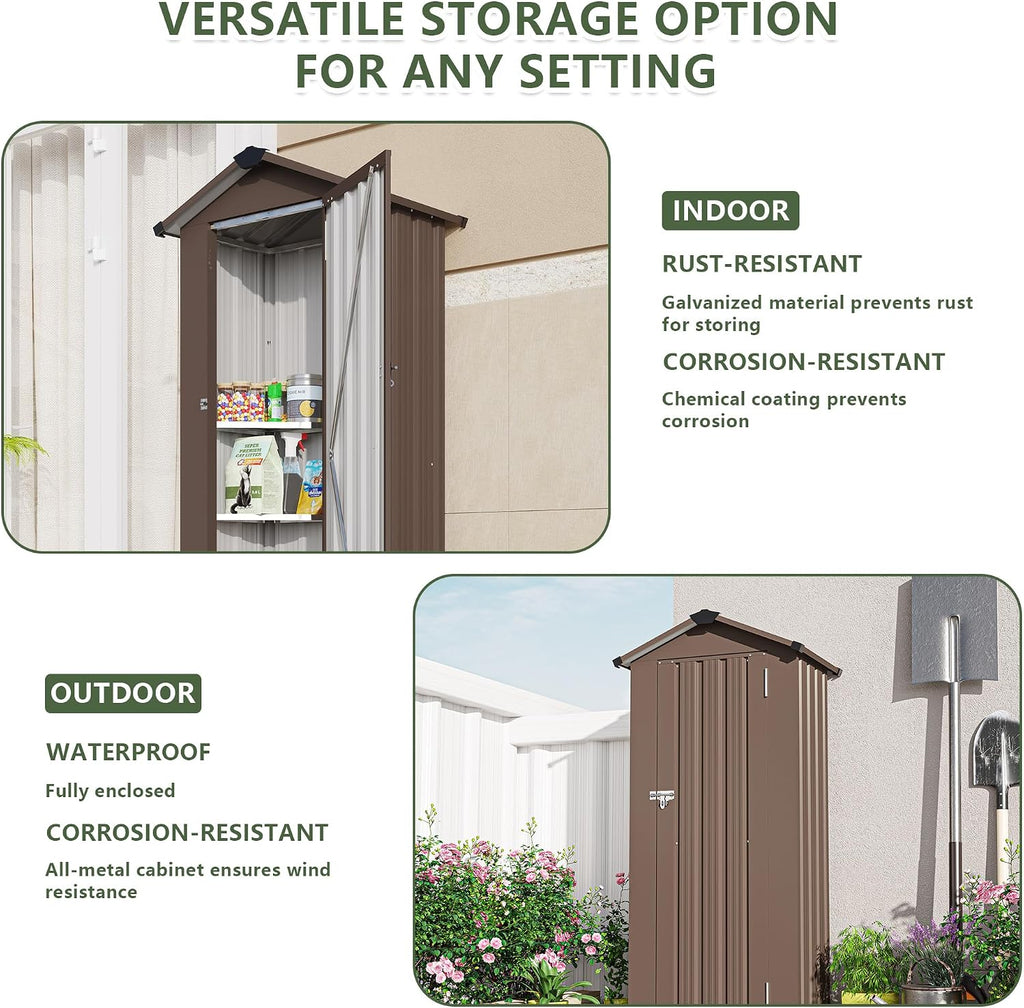 KEIKI Small Outdoor Storage Shed 2.5' x 1.4', Metal Lockable Tool Cabinet with Sloping Roof, Waterproof Vertical Garden Storage for Patio Backyard Lawn, Brown