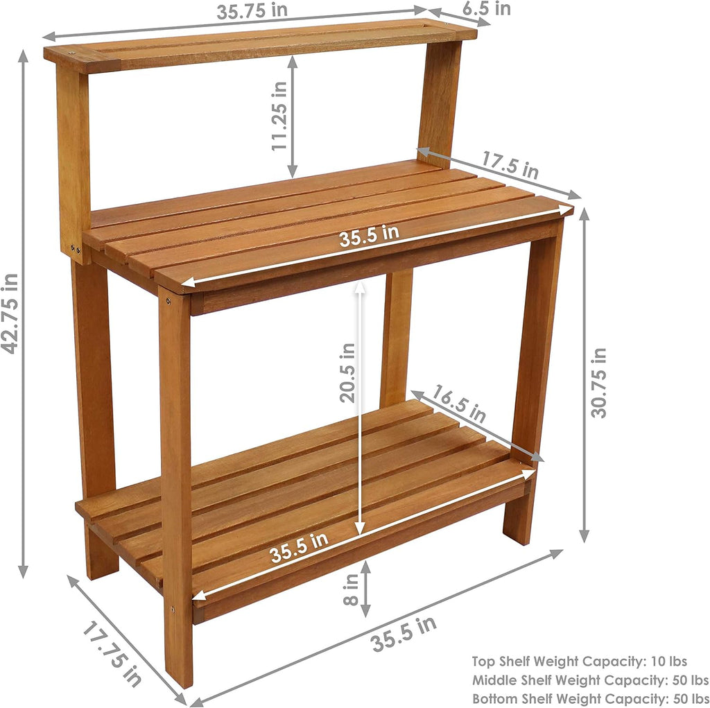 Sunnydaze 42-Inch Meranti Wood Outdoor Potting Bench with Storage Shelf - Teak Oil Finish