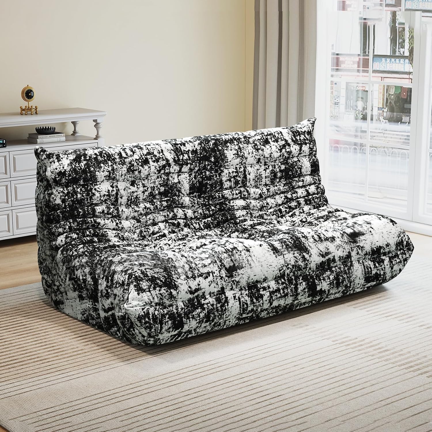 3 Seat Oversized Bean Bag Chairs for Adults, Memory Foam Fireside Beanbag Couch, Comfy Bean Bag Lounger Lazy Sofa for Living Room, Bedroom, Playroom, Black Multi