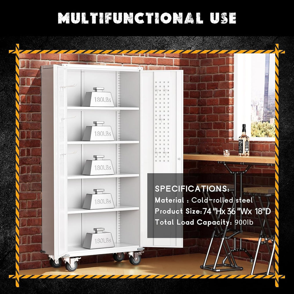 Greenvelly White Metal Storage Cabinet with Wheels, 73' Steel Garage Rolling Cabinet with Doors and 4 Shelves, Tall Locking Cabinets Tool Lockable Storage Cabinets for Basement, Pantry, Home Office
