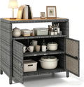 RELAX4LIFE Wicker Outdoor Bar Cabinet - PE Rattan Patio Bar Table w/Acacia Wood Countertop, Open Shelf & 2 Doors, Buffet Sideboard Organizer for Garden Backyard Pool, Outside Storage Cabinet (Grey)