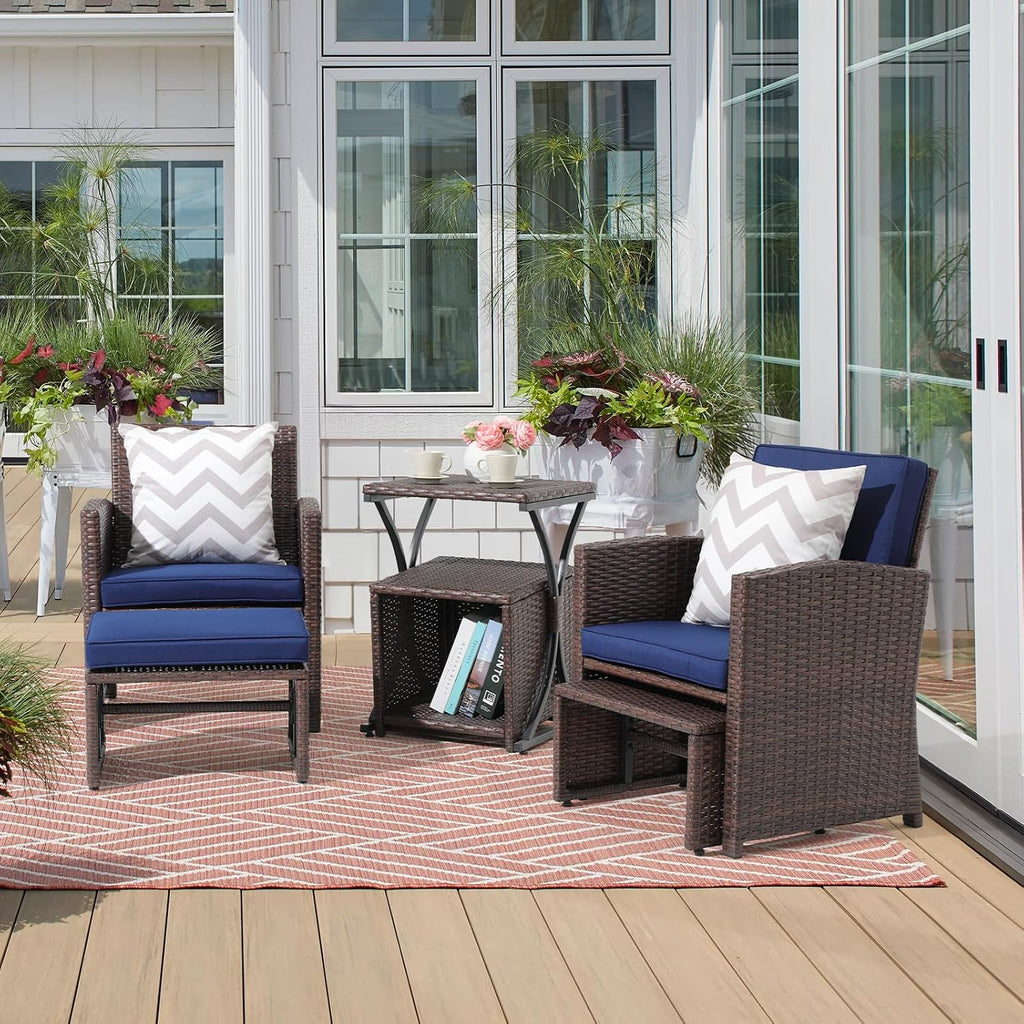 OC Orange-Casual 6 Piece Patio Wicker Furniture Set, Balcony All Weather Rattan Chair, with Space Saving Ottoman, Resin Nesting Coffee Table, Modern Design, Blue