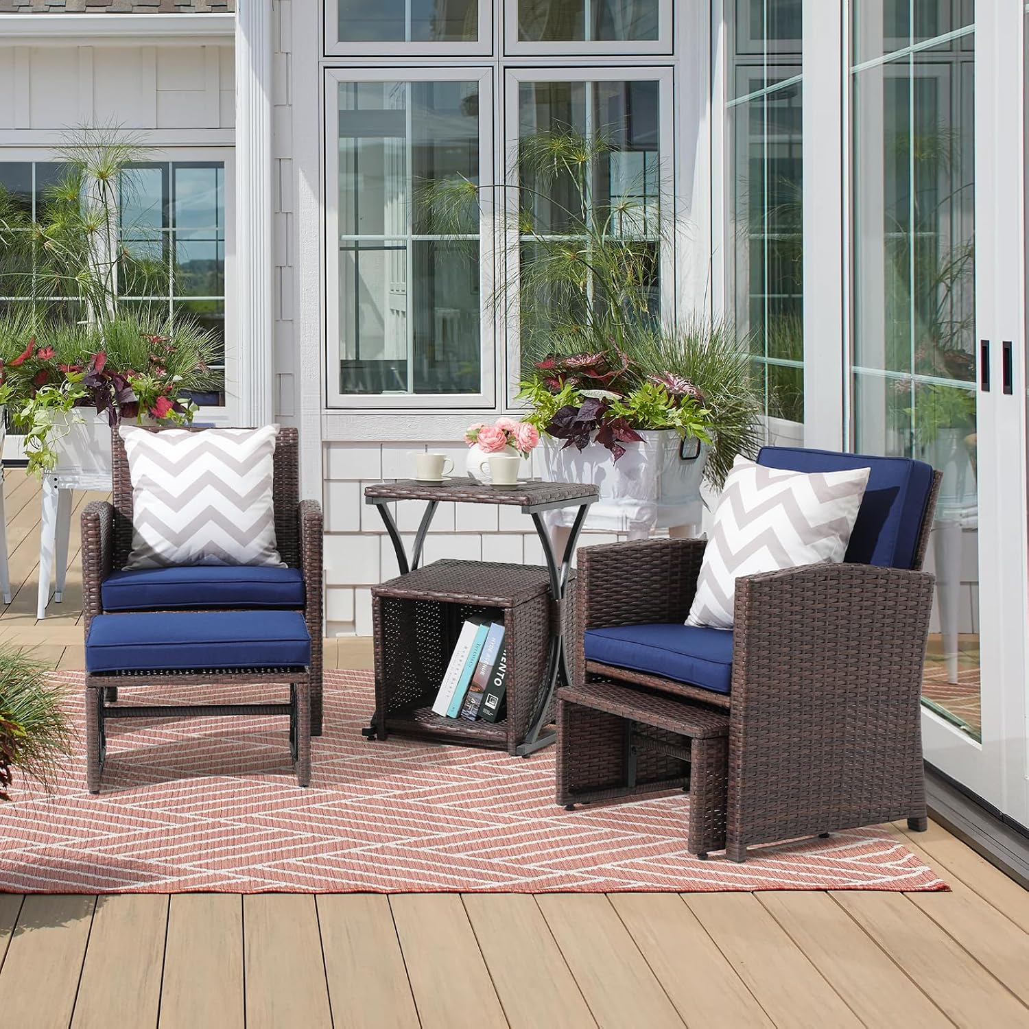 OC Orange-Casual 6 Piece Patio Wicker Furniture Set, Balcony All Weather Rattan Chair, with Space Saving Ottoman, Resin Nesting Coffee Table, Modern Design, Blue