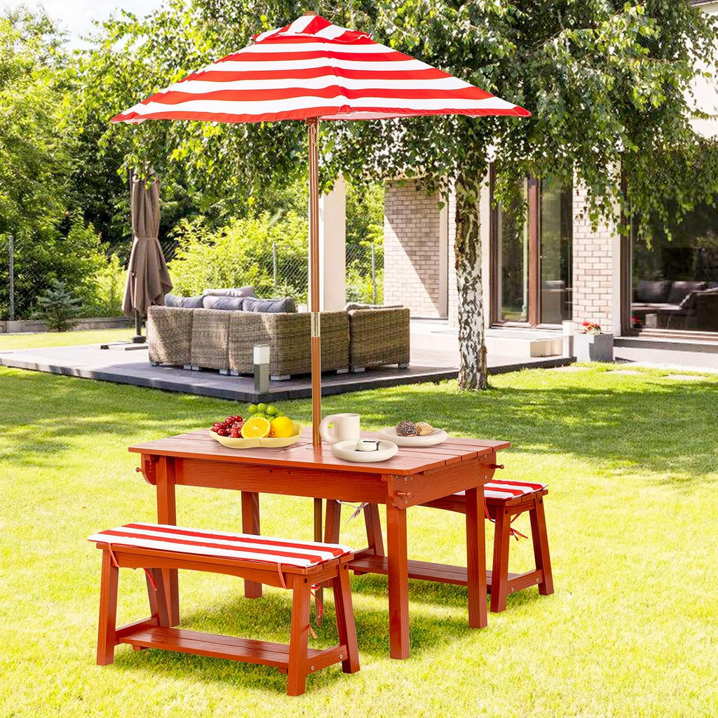 BRINJOY Kids Picnic Table with Umbrella, Outdoor Wooden Table & Bench Set w/Cushions & 2 Removable Boxes, 4-in-1 Children Sand and Water Table Activities Furniture for Patio, Garden, Indoor Outdoor