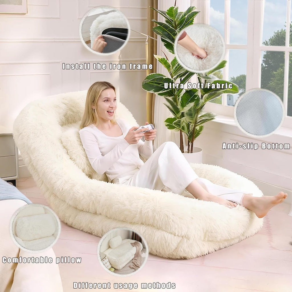Floor Chair with Back Support, Human Dog Bed with 5 Adjustable Position, Convertible Lazy Floor Lounger, Comfy Gaming Chair, Plush Folding Sofa Bed for Adult, Living Room, Bedroom, Cream Beige