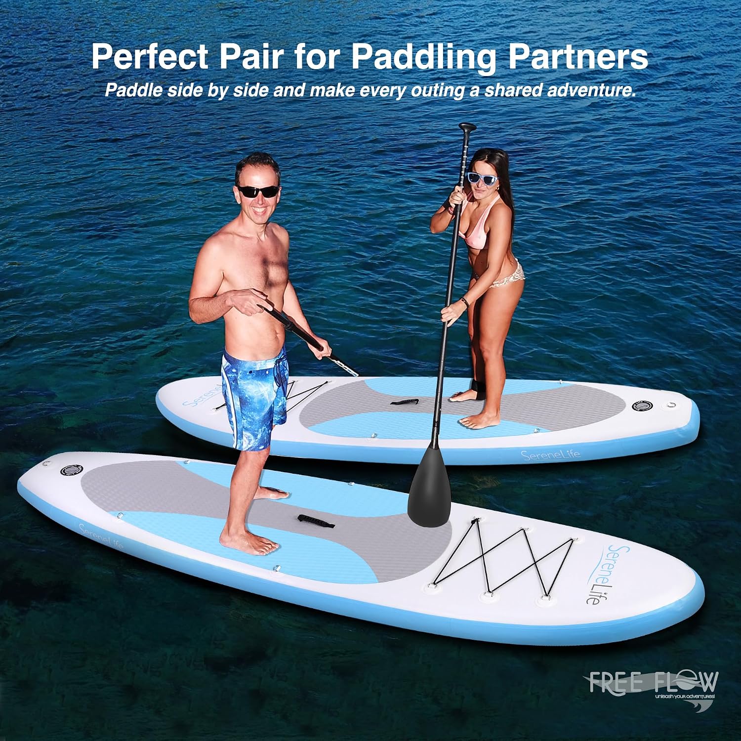 SereneLife 10' Inflatable Stand Up Paddle Board 2-Pack with Premium SUP Accessories – 32' Wide Stable Design with Non-Slip EVA Deck Pad for Youth and Adults, 350 lbs. Capacity Each