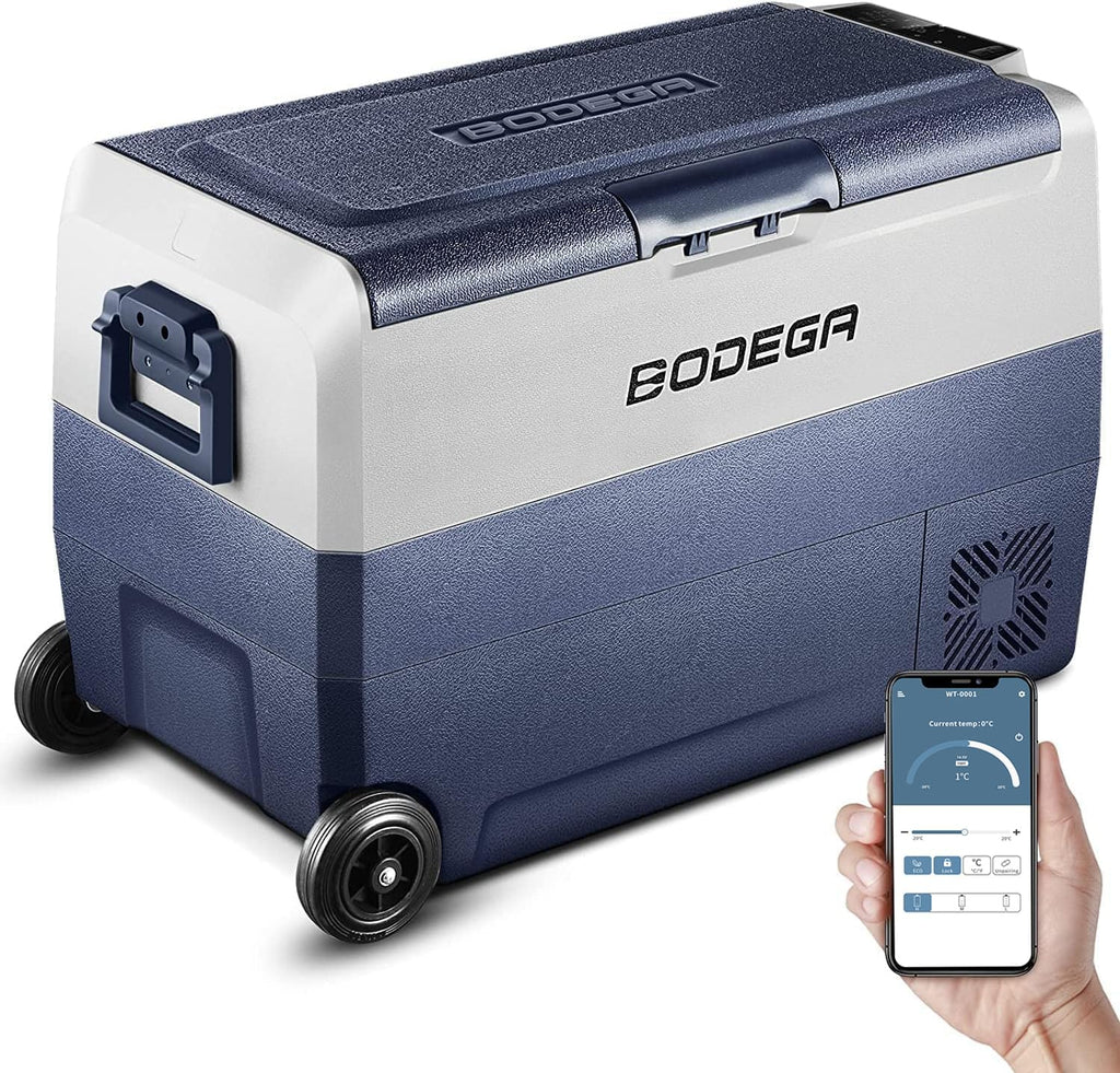 BODEGACOOLER 12 Volt Portable Car Refrigerator 53 Quart,Single Zone Car Freezer Fridge Bluetooth Control,(50L) -4℉-68℉ Electric Cooler 12/24V DC and 100-240V AC for Travel,Camping,RV, Road Trip
