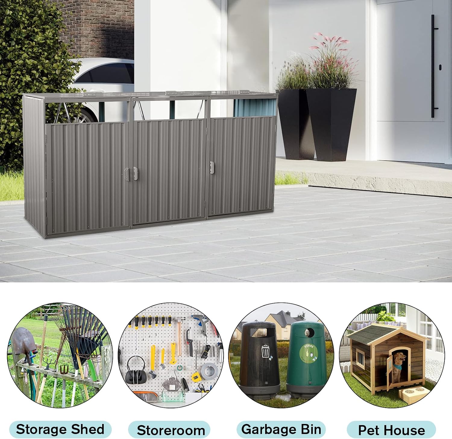 Outdoor Trash Can Storage, Storage Shed for 3 Trash cans and Tools,Waterproof Garbage Bin shed,Metal Trash Can Storage Shed Outdoor for Garden Yard(Light Grey-3 Doors)