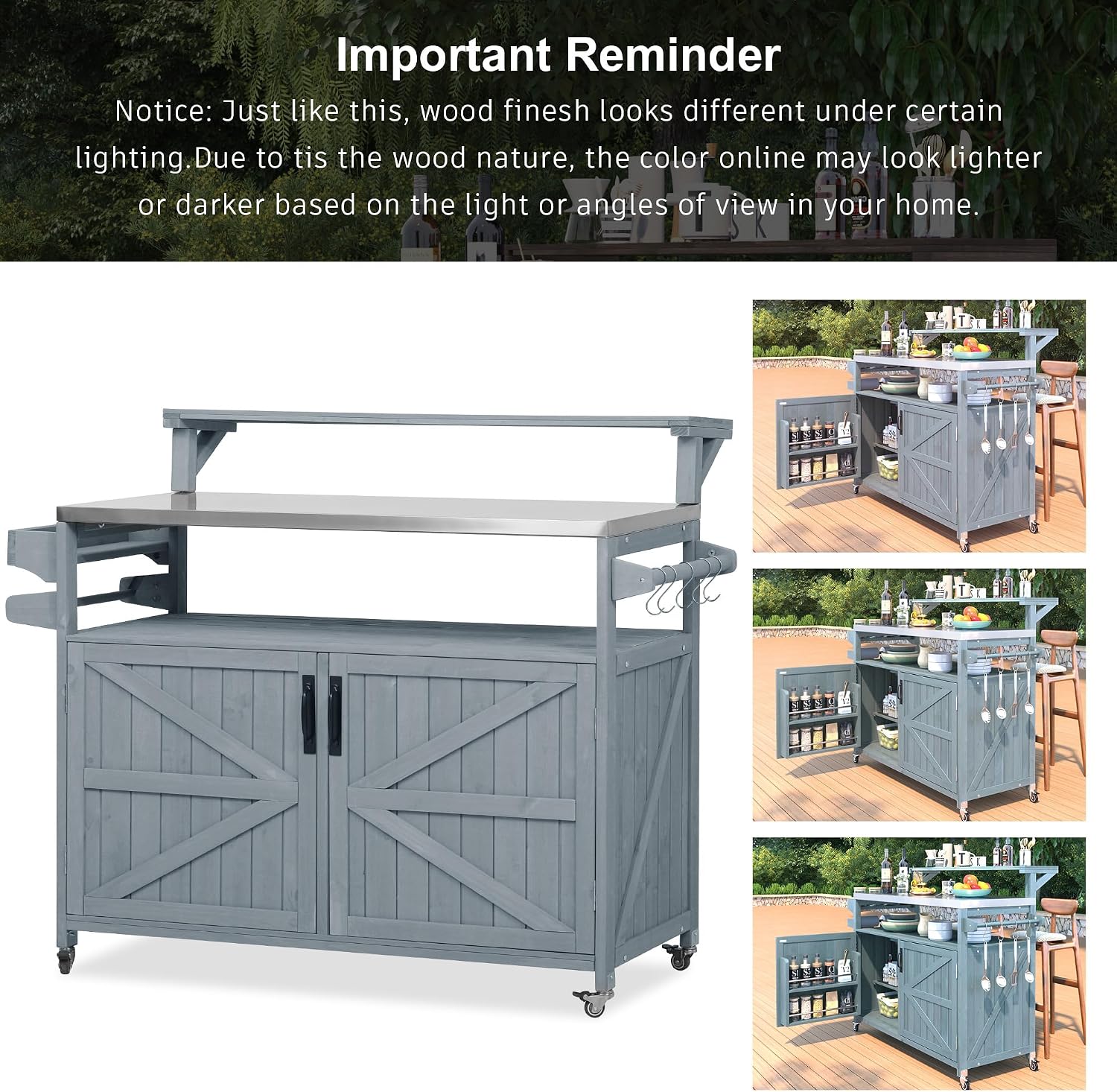 Merax Portable Outdoor Table with Stainless Steel Top for Kitchen Prep, Outdoor Storage Cabinet for Grilling Accessories, Grey Blue