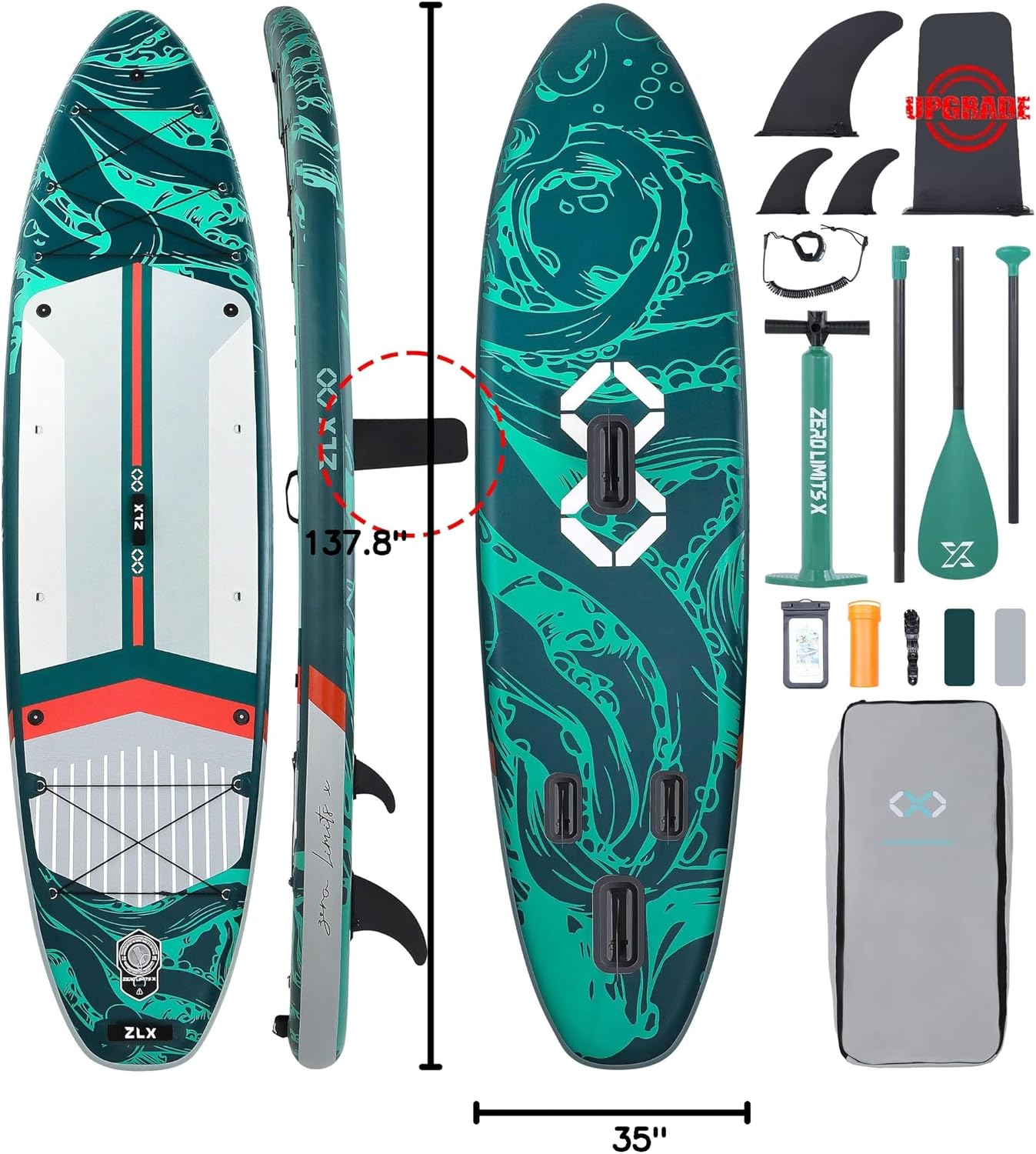 ZLX 11'6'x35' Ultra Wide Inflatable Stand Up Paddle Board | Stable Non-Slip Deck Pad, Unique Fin System, Premium SUP Accessories & Backpack - Upgraded Pump for Adults, All Skill Levels