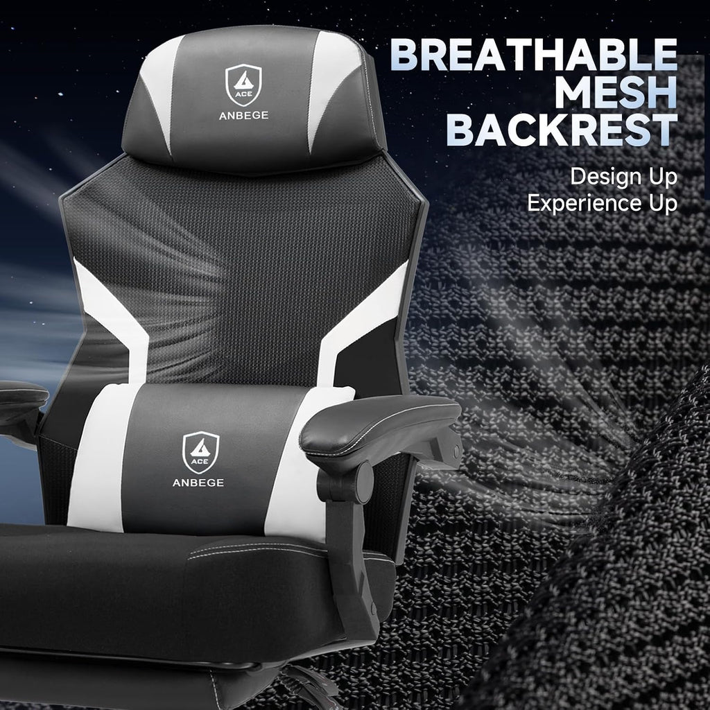Ergonomic Mesh Video Gaming Chair with Footrest, Height Adjustable Computer Chair with Lumbar Support, High-Back Breathable Reclining Swivel Chair for Adults Home Office & Work (White)