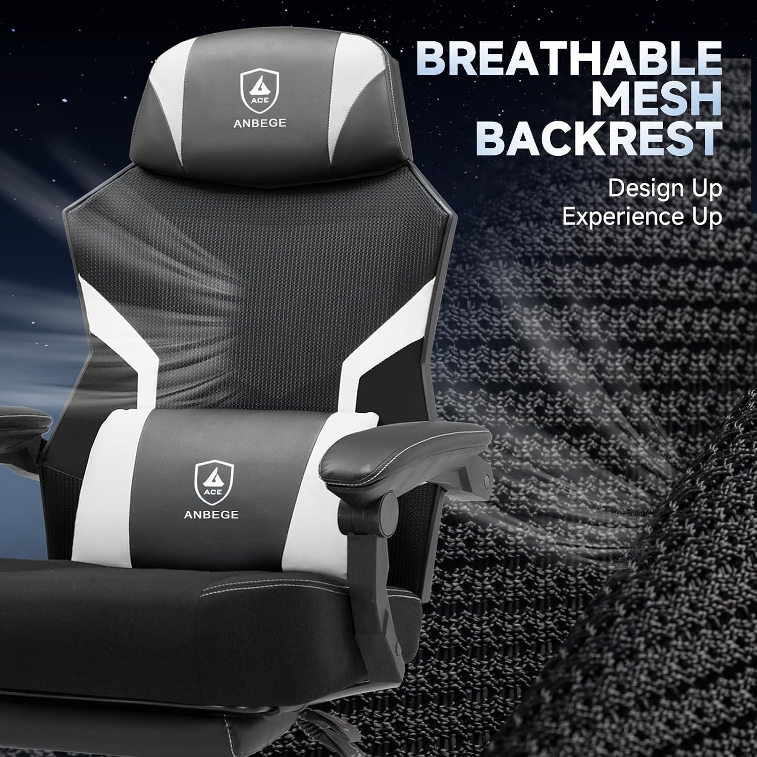 Ergonomic Mesh Video Gaming Chair with Footrest, Height Adjustable Computer Chair with Lumbar Support, High-Back Breathable Reclining Swivel Chair for Adults Home Office & Work (White)