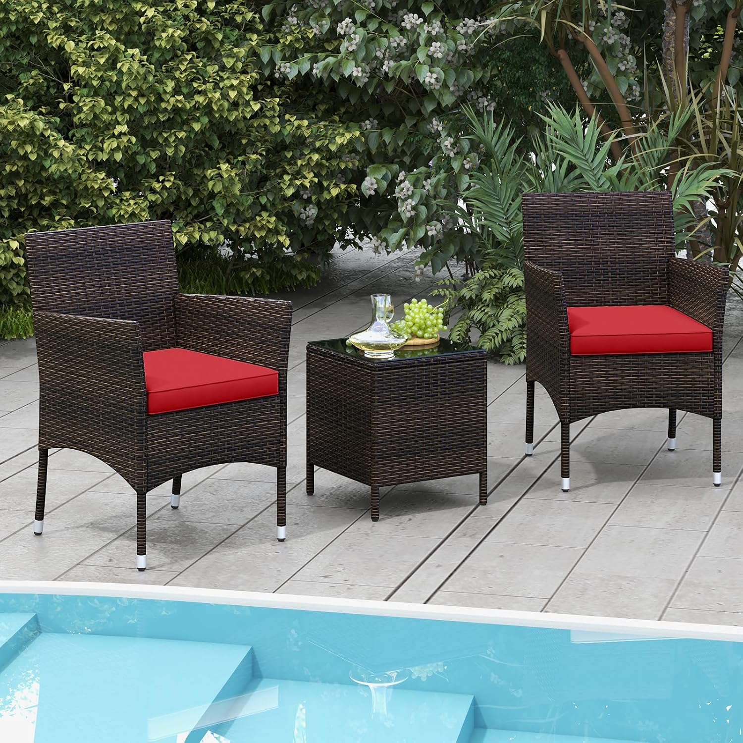 HAPPYGRILL 3PCS Patio Furniture Set Wicker Bistro Set with Glass Coffee Table & Cushions Outdoor Rattan Conversation Set for Garden Lawn Poolside Backyard