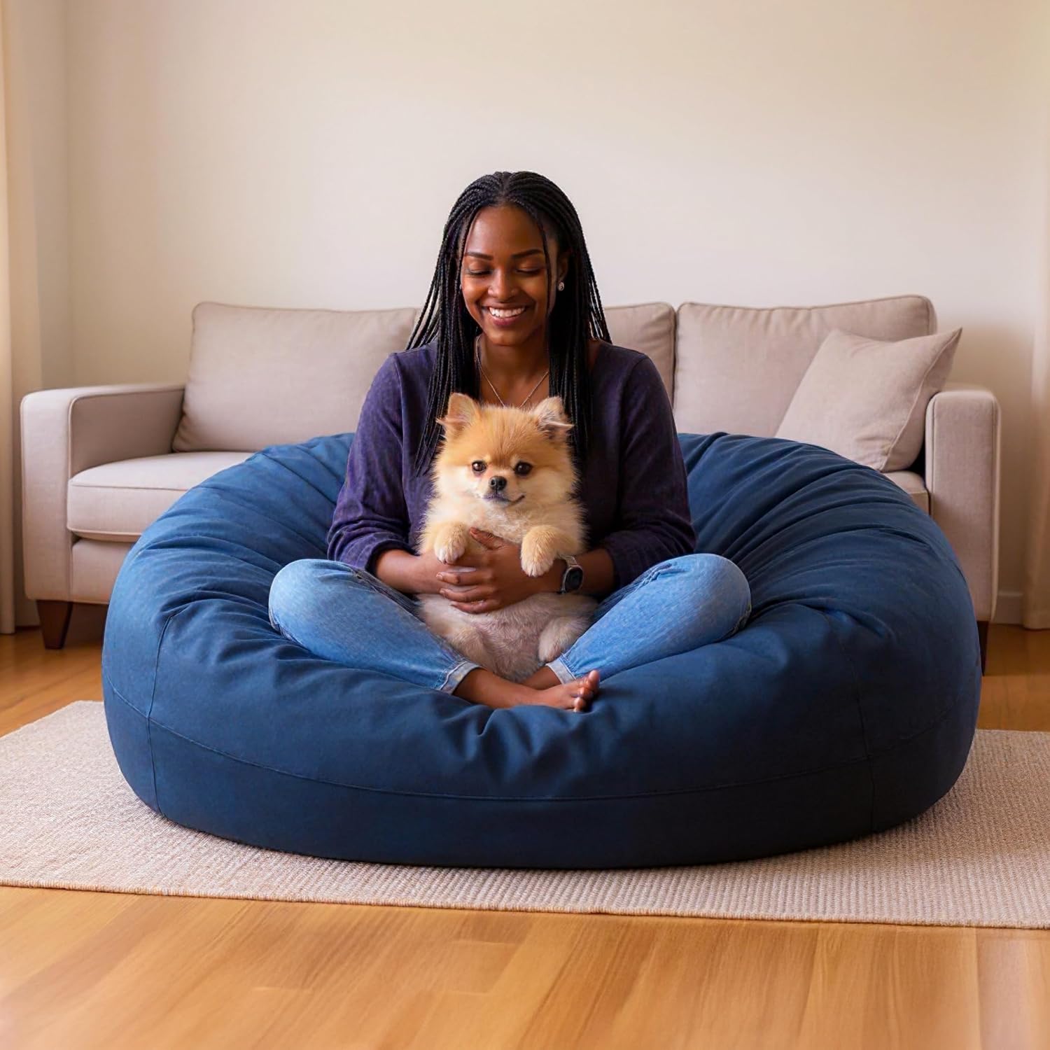 Lumaland Luxurious 4ft Bean Bag Chair with Microsuede Cover - Ultra Soft, Foam Filling, Washable Medium Bean Bag Sofa for Kids, Teenagers, Adults, Pets - Sack Chair for Dorm, Kid's Room - Navy Blue