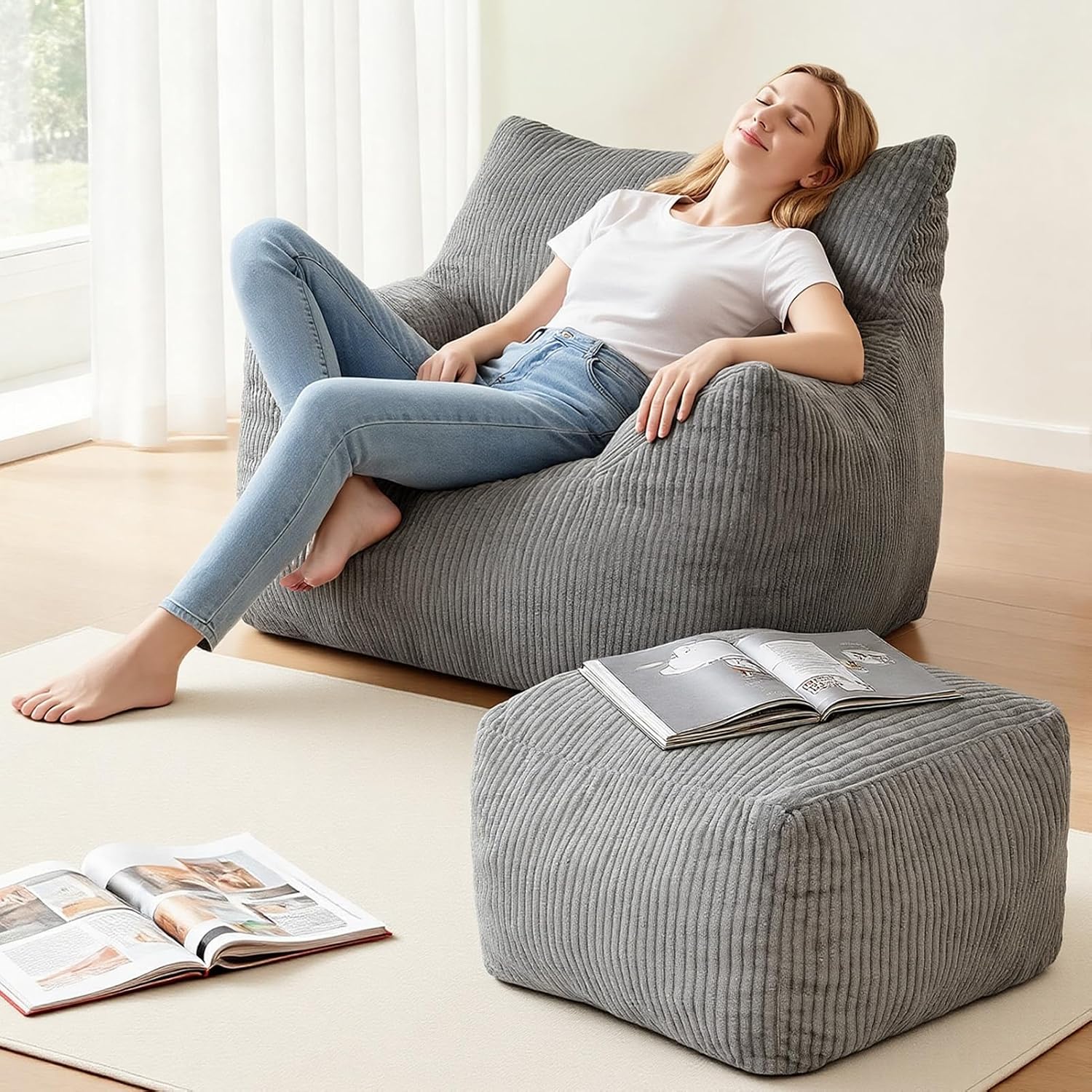 Bean Bag Chair with Ottoman, Oversized Memory Foam Cloud Boneless Couch, Plush Corduroy Beanbag Set for Adults, Teens, Gift for Bedroom, Dorm, Living Room, Reading Nook, Gaming & Lounge (Grey)