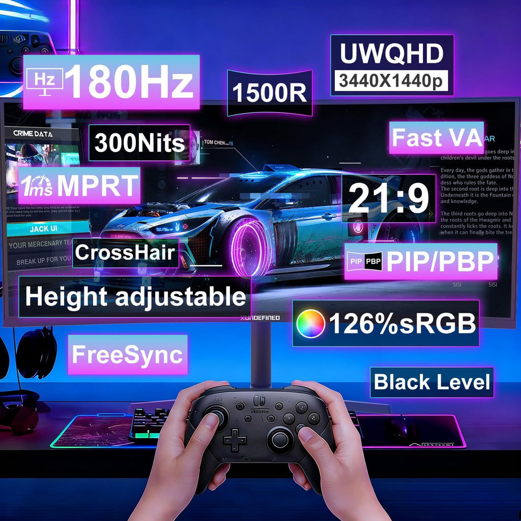 34 Inch Curved Monitor 180Hz, UWQHD 3440x1440p Ultrawide Gaming Monitor 1500R with Speaker, PIP/PBP, 4000:1 Contrast, sRGB126%, HDR, FreeSync & G-SYNC, 1ms(MPRT), HDMI/DP Port, Adjustable Stand, VESA