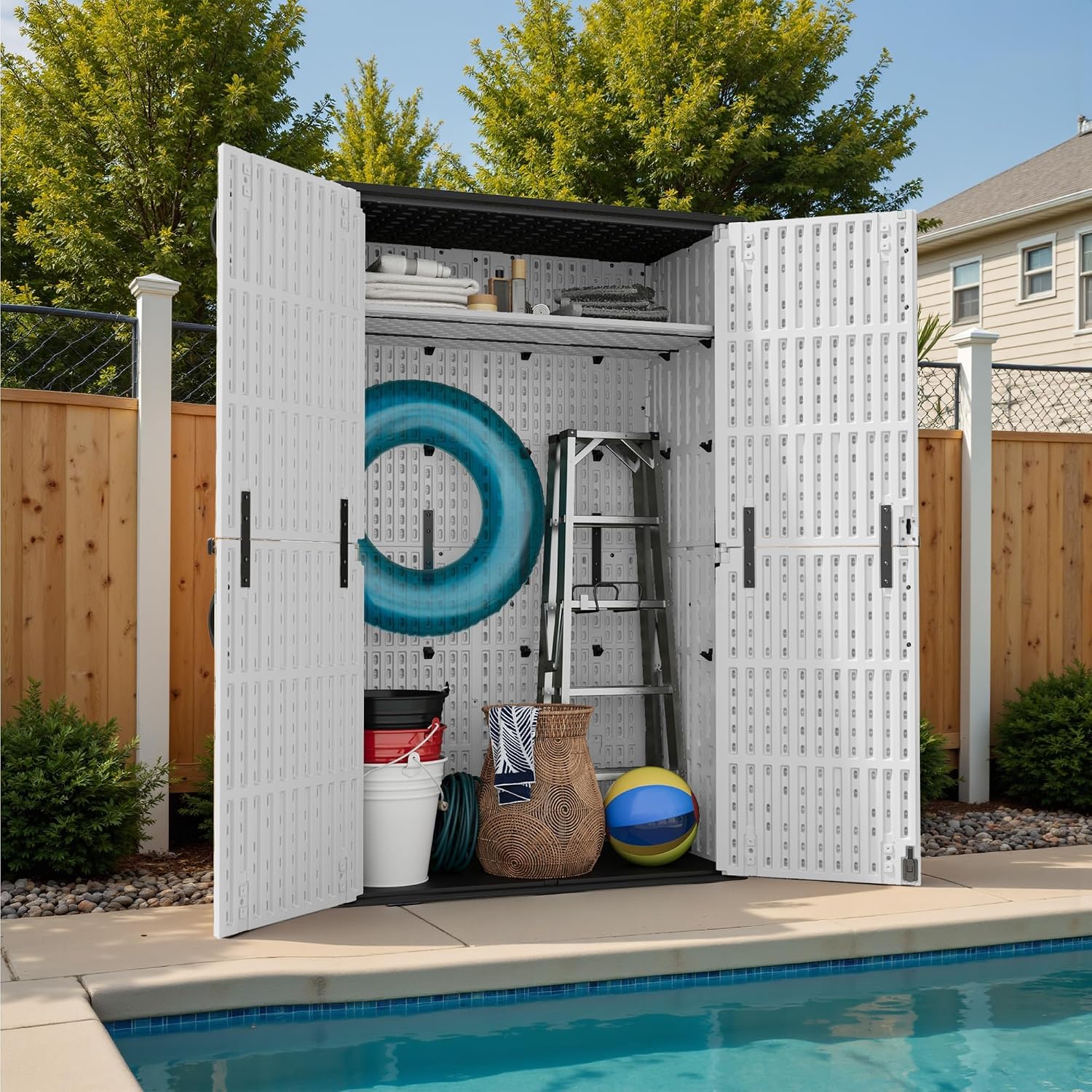 Devoko 50 Cu Ft Plastic Outdoor Storage Shed, Vertical Resin Storage Cabinet with Lockable Door, Durable Storage Shed for Patio Furniture, Pool Toys, Garden Tools, White, Shelf Not Included
