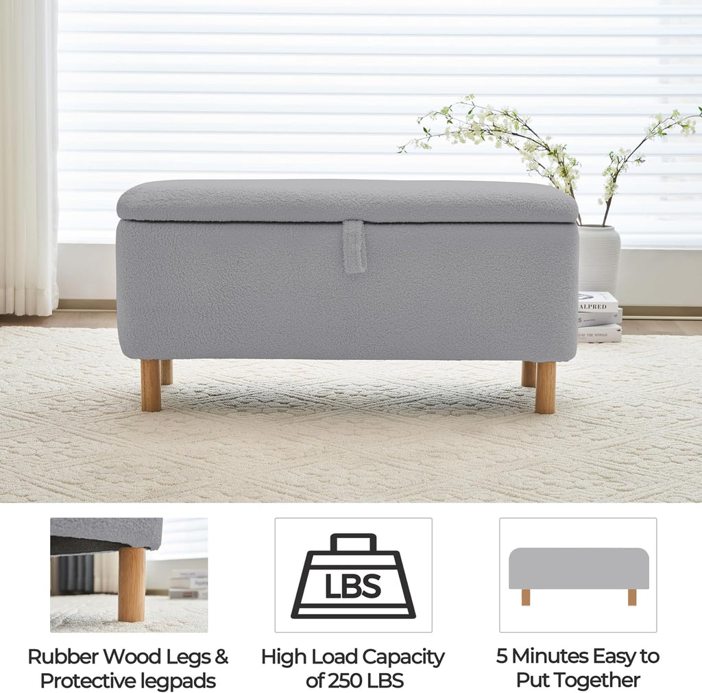Boucle Storage Ottoman Bench for Bedroom end of Bed, Sherpa Upholstered Shoe Seat Storage Bench for Entryway Bed Foot, Rectangle Cushion Padded Blanket Chest Cute for Living Room, Grey