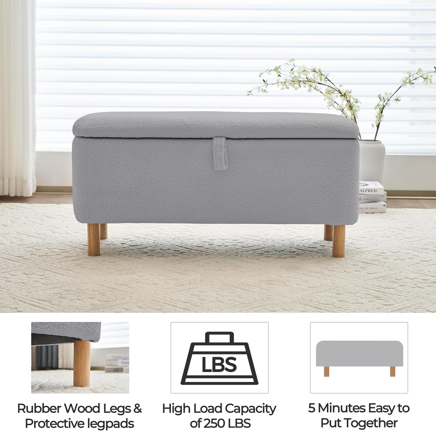 Boucle Storage Ottoman Bench for Bedroom end of Bed, Sherpa Upholstered Shoe Seat Storage Bench for Entryway Bed Foot, Rectangle Cushion Padded Blanket Chest Cute for Living Room, Grey