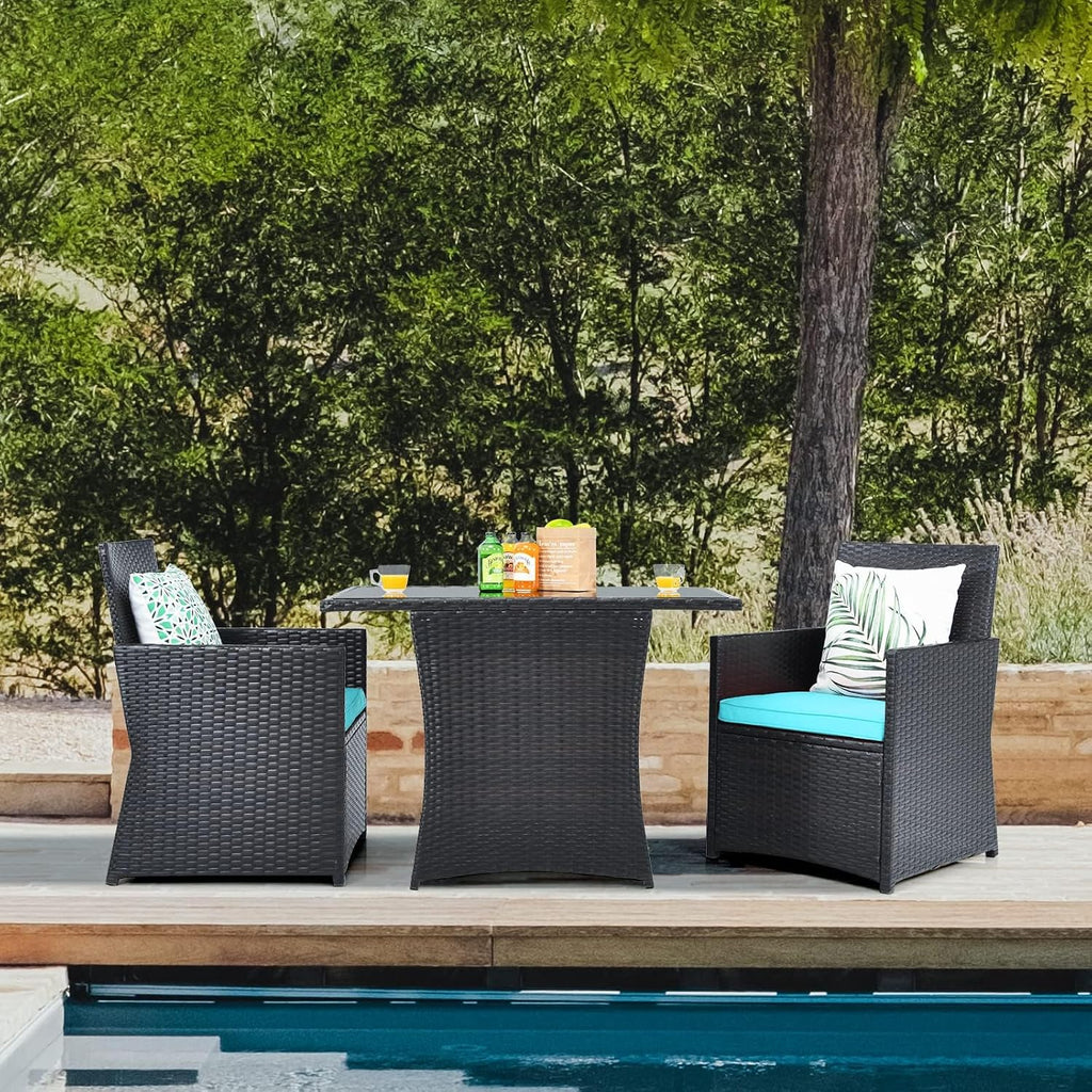 DORTALA Wicker Patio Bistro Set 3 Piece, Outdoor Table and Chairs with Tempered Glass Tabletop, Cushions, Small Rattan Furniture Conversation Sofa Set for Balcony, Porch, Backyard, Deck, Turquoise