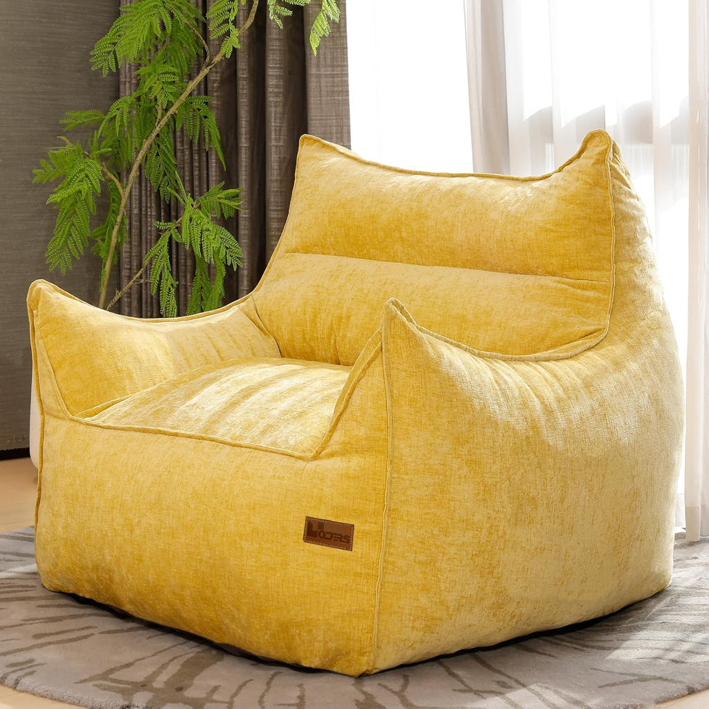 Oversized Fluffy Bean Bag Chair for Adults – Giant Cozy Bean Bag Sofa Chair with Armrests, Handle & Non-Slip Base for Your Reading Nook, Bedroom or Living Room(Yellow-XL)