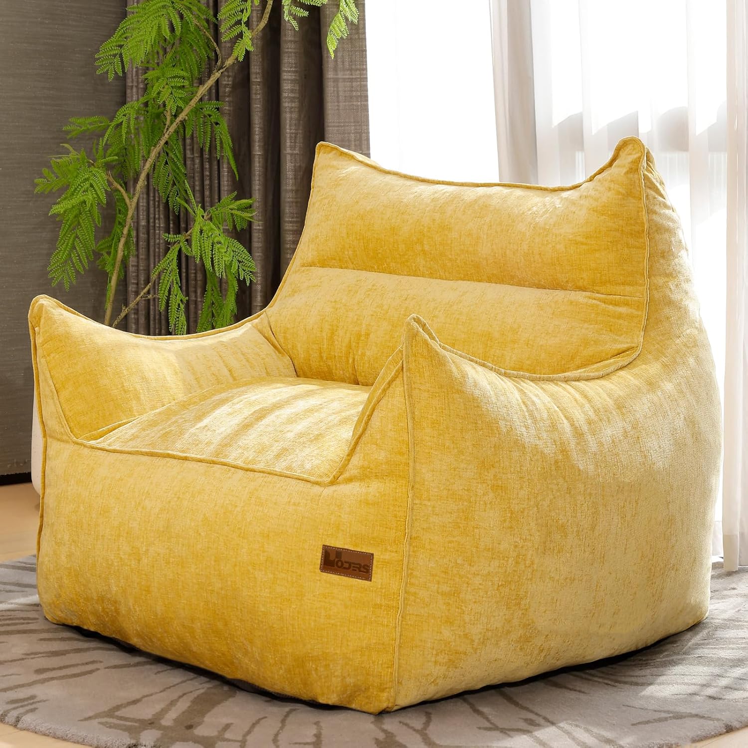 Oversized Fluffy Bean Bag Chair for Adults – Giant Cozy Bean Bag Sofa Chair with Armrests, Handle & Non-Slip Base for Your Reading Nook, Bedroom or Living Room(Yellow-XL)