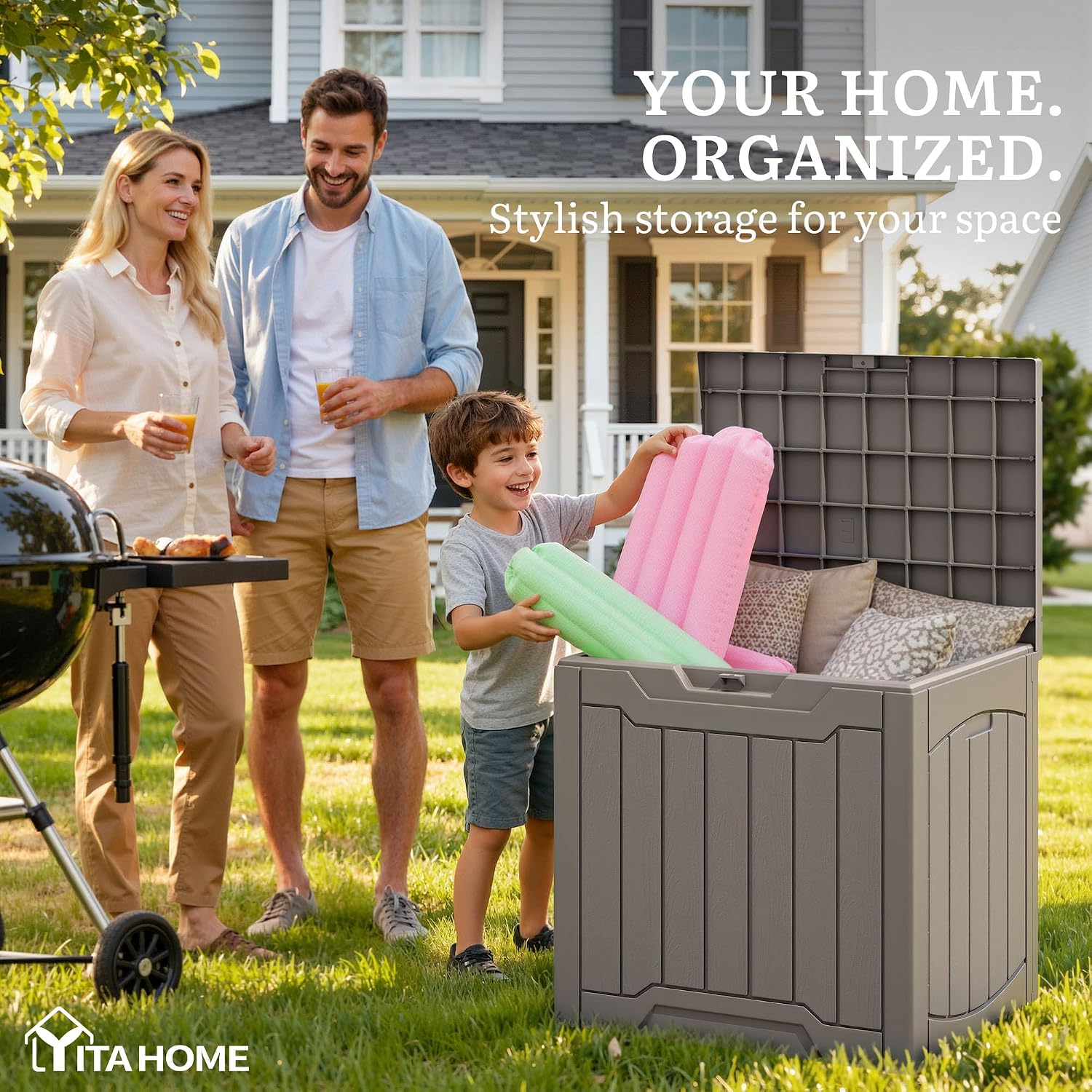 YITAHOME 31 Gallon Deck Boxes Set of 4, Lockable Outdoor Storage Bins for Patio Cushions, Garden Tools, Weather-Resistant Resin Storage Solution, Taupe