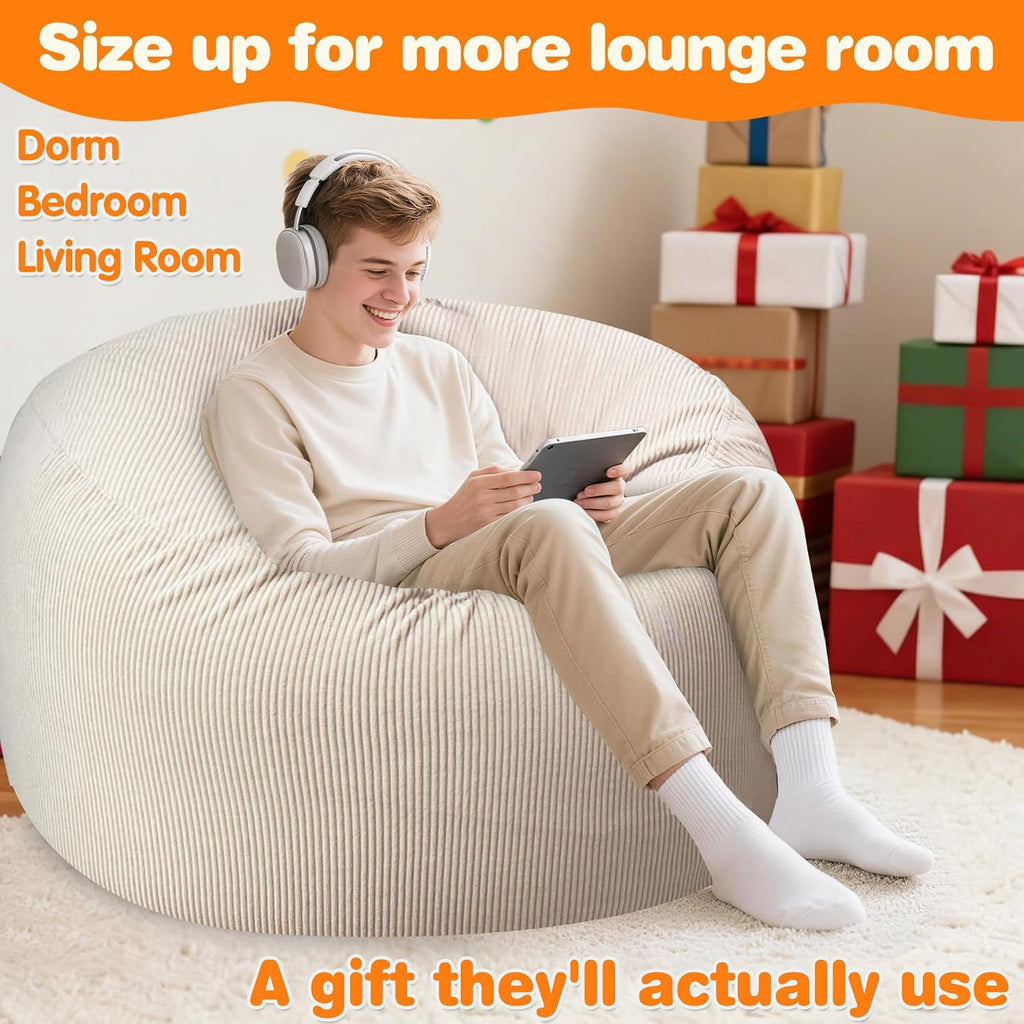 Lukeight Bean Bag Chair for Teens and Adults, Memory Foam Filled Floor Lounger, Washable Velvet Cover with Inner Liner, Beanbag Chair with Filling for Gaming and Reading, Beige, XXX-Large 42'D x 23'H