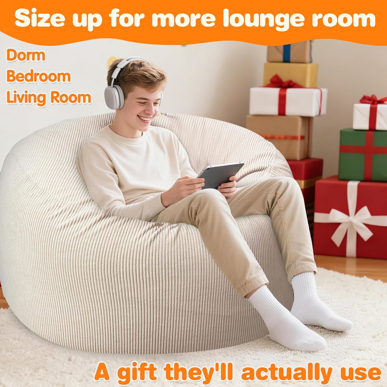 Lukeight Bean Bag Chair for Teens and Adults, Memory Foam Filled Floor Lounger, Washable Velvet Cover with Inner Liner, Beanbag Chair with Filling for Gaming and Reading, Beige, XXX-Large 42'D x 23'H