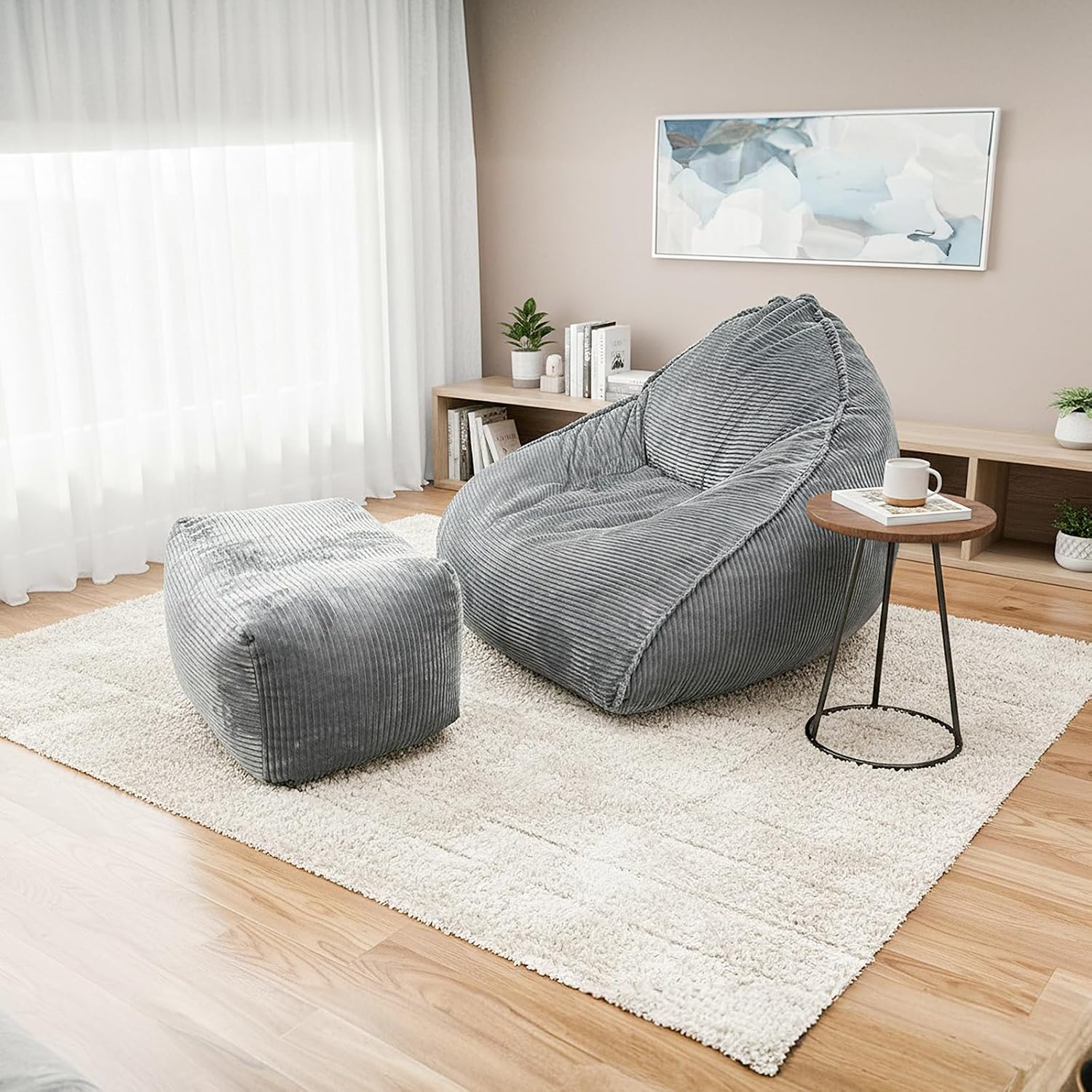 Ultra Soft Bean Bag Chair for Adults with Ottoman, Oversized Floor Sofa for Living Room, Gaming, Lounging, Napping (Gray)