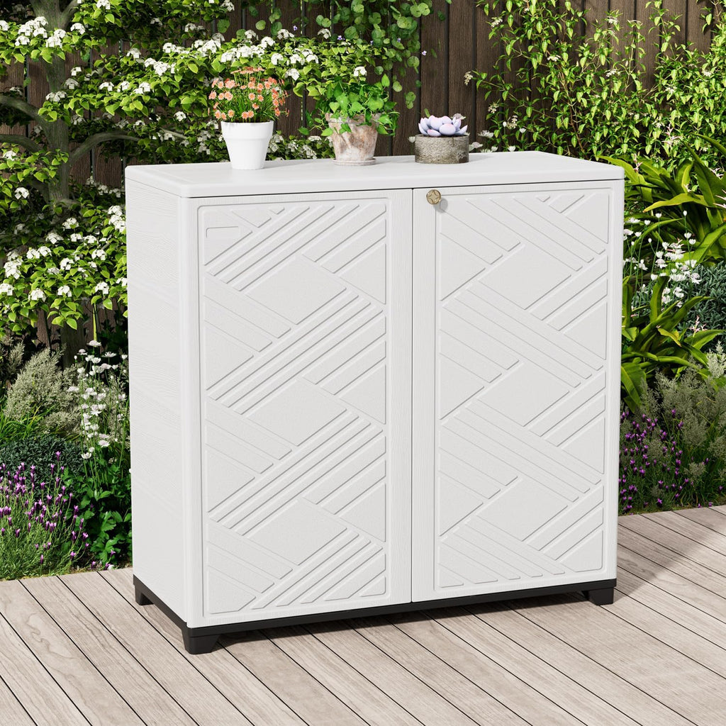 KINYING Outdoor Storage Cabinet Waterproof, 60 Gallon Resin Outdoor Storage Shed for Patio/Garden/Backyard, Outdoor Storage Box for Cushions,Garden Tools and Pool Supplies(White W/O Shelving)